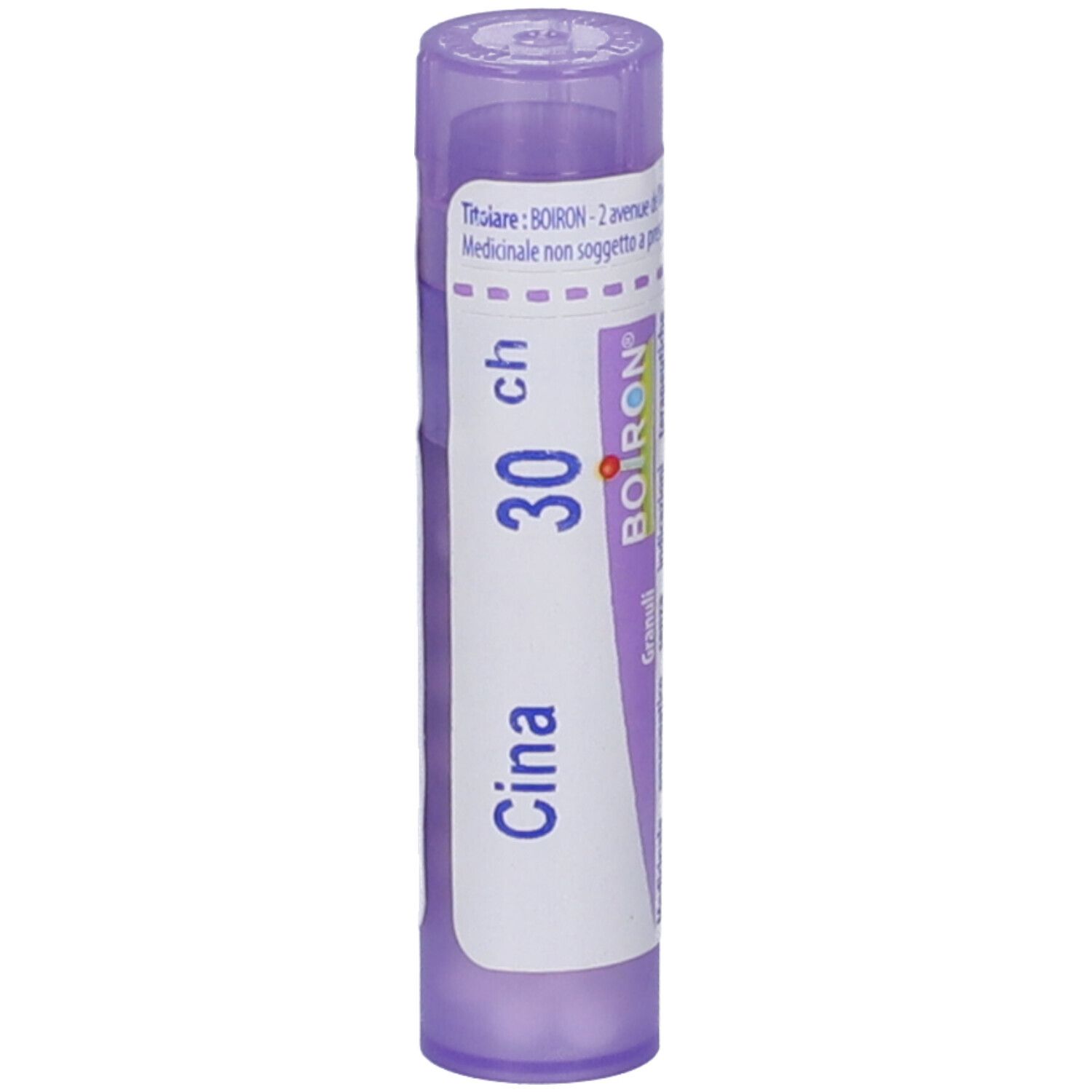 Confezione cilindrica viola con etichetta bianca. Scritta: Cina 30 CH, Boiron. Granuli.