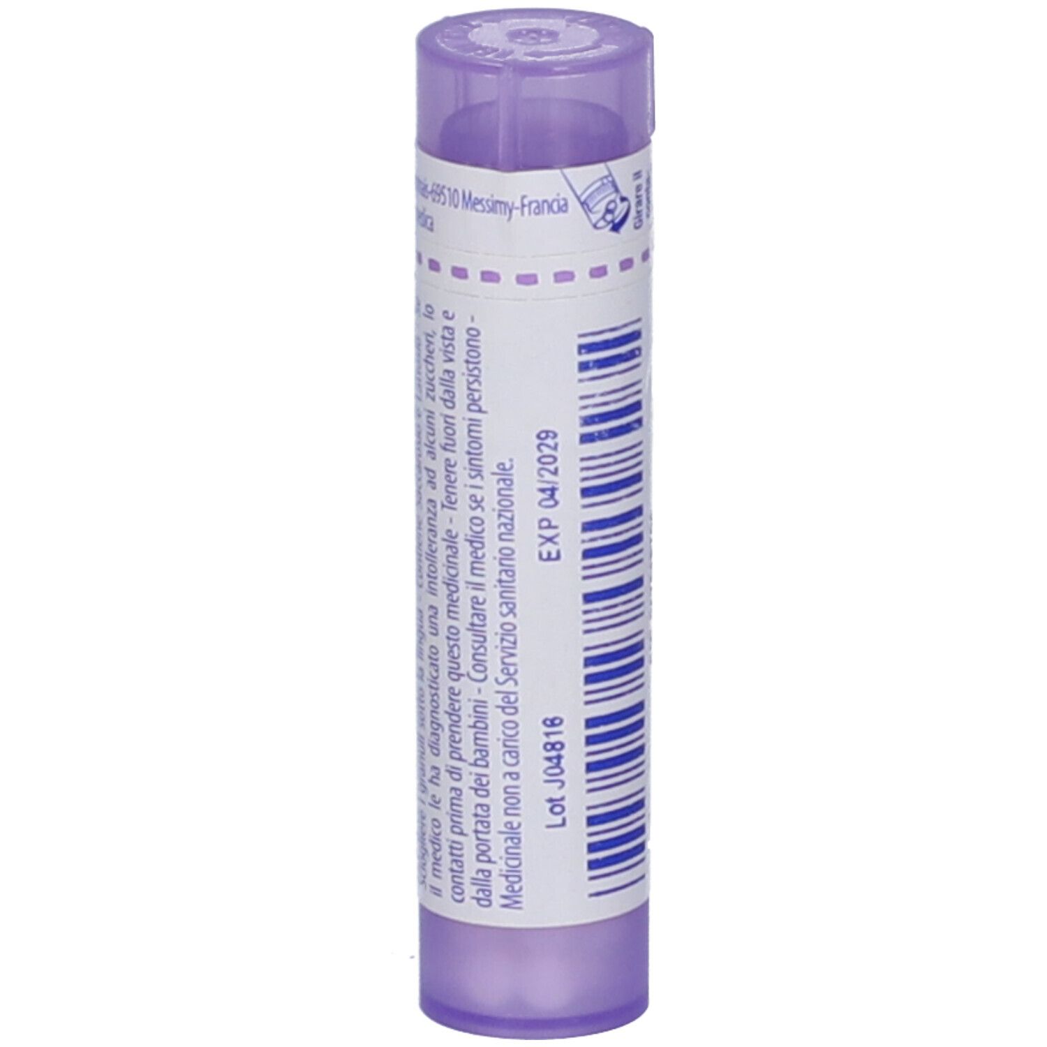 Confezione cilindrica viola con etichetta bianca. Scritta: EXP 04/2029, Lot J04818.