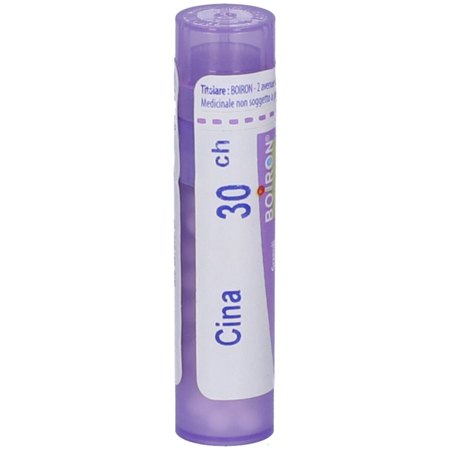Confezione cilindrica viola con etichetta bianca. Scritta: Cina 30 CH, Boiron. Granuli.