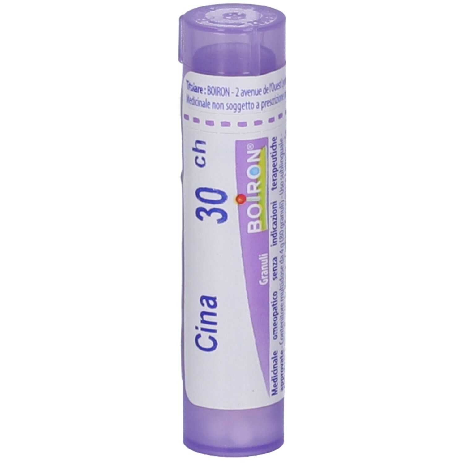 Confezione cilindrica viola con etichetta bianca. Scritta: Cina 30 CH, Boiron. Granuli.