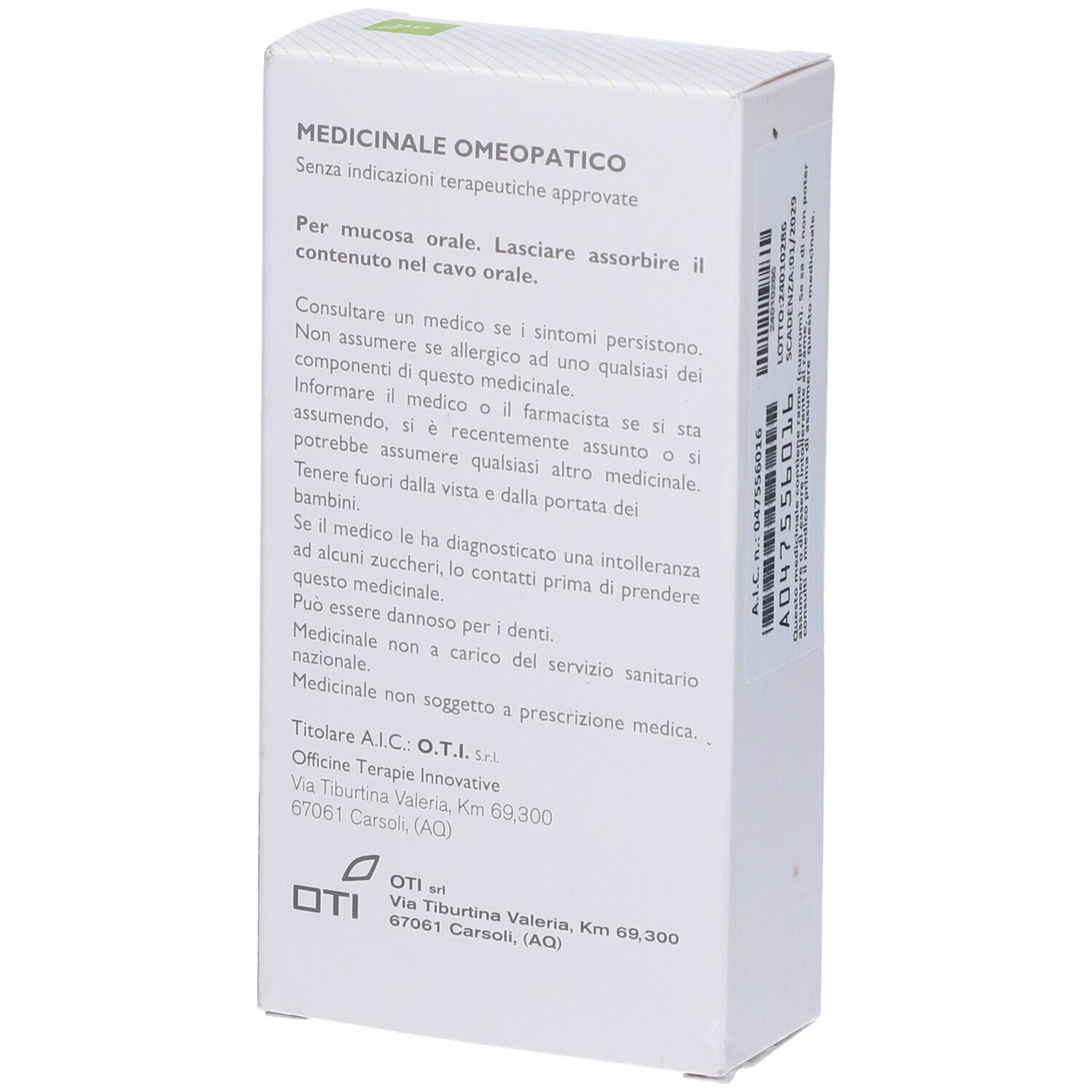 Scatola bianca con testo. Informazioni sull'uso e indirizzo del produttore. Logo OTI.