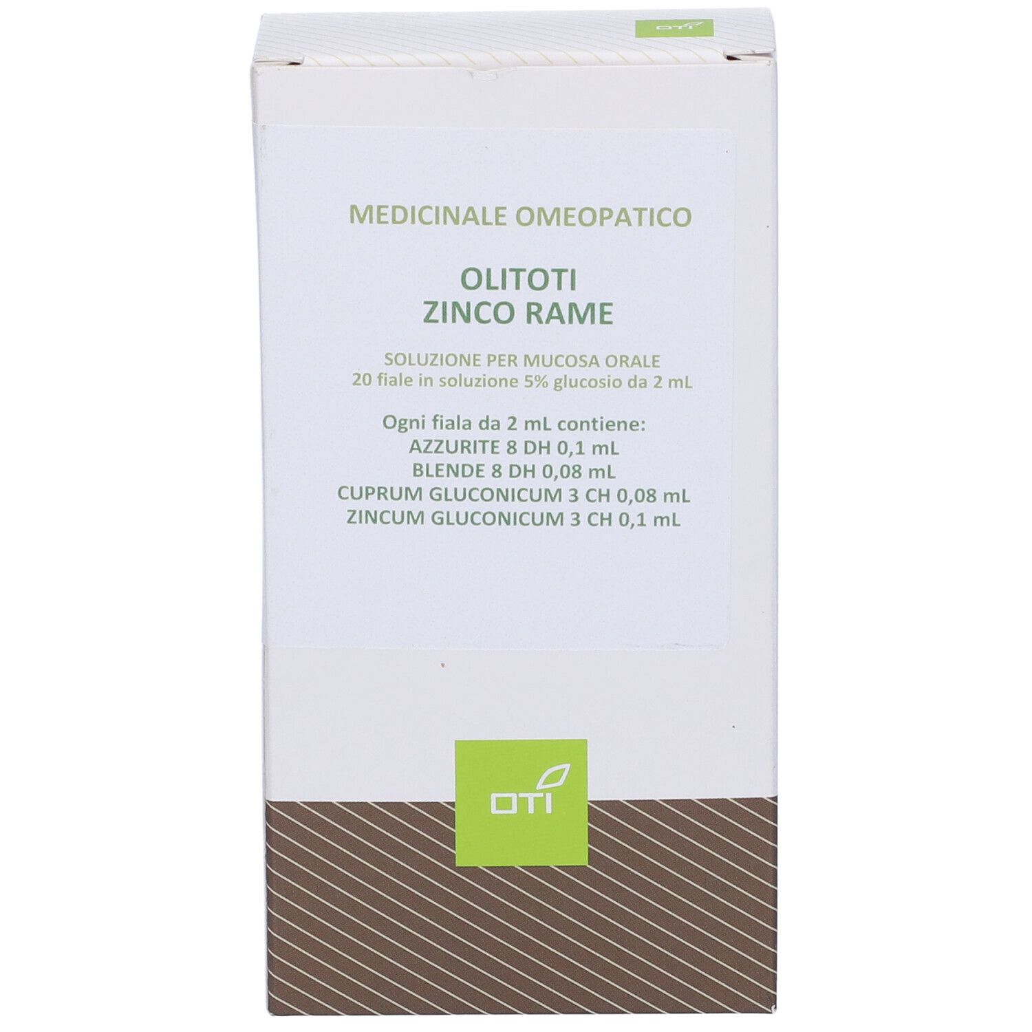 Scatola bianca con dettagli verdi. Scritta: Olitoti Zinco Rame. Contiene 20 fiale. Logo OTI.
