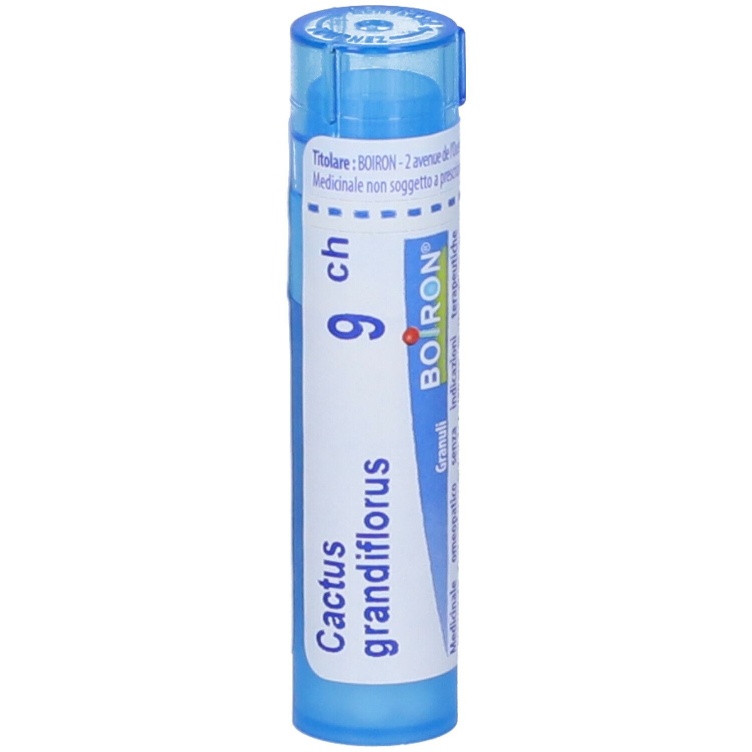 Tubo blu con 'Cactus grandiflor 9 ch' e 'BOIRON'. Vista verticale, tappo blu.