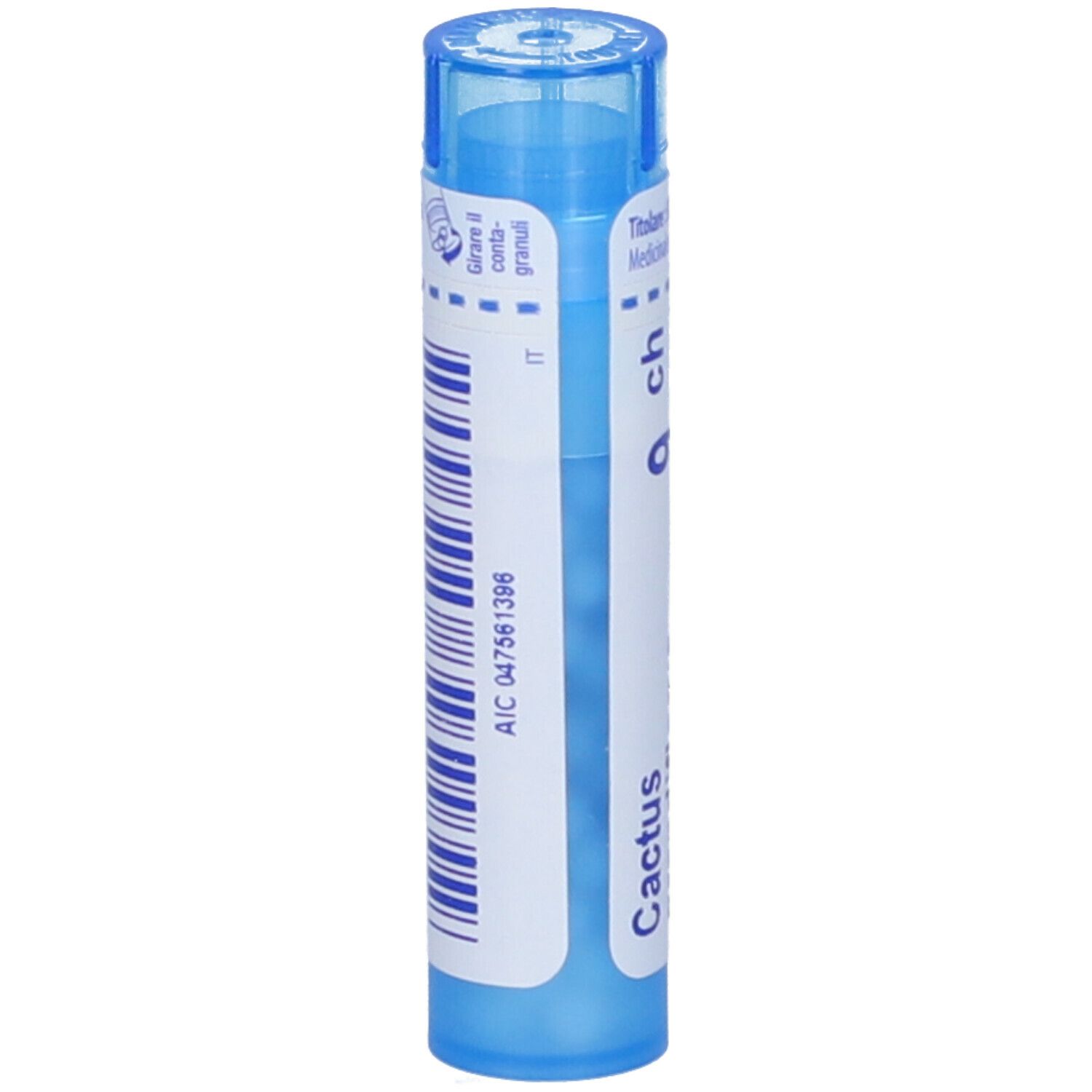 Tubo blu con codice a barre e 'Cactus grandiflor'. Scritta '9 ch'.