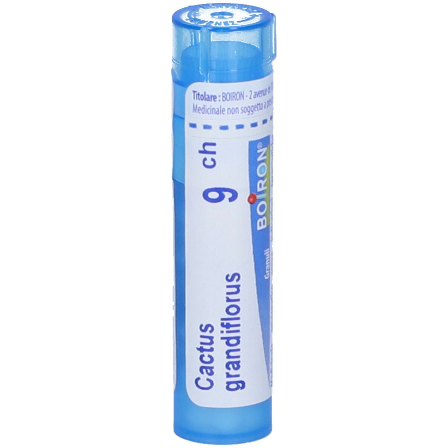 Tubo blu con 'Cactus grandiflor 9 ch' e 'BOIRON'. Vista verticale.