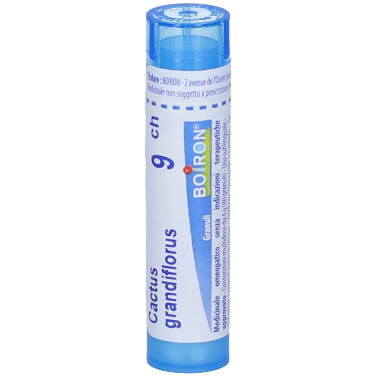 Tubo blu con 'Cactus grandiflor 9 ch' e 'BOIRON'. Punto rosso.