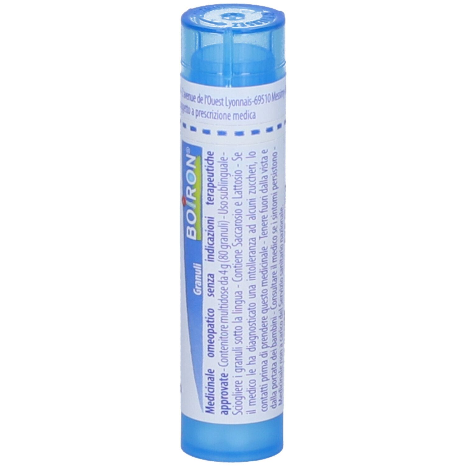 Tubo blu con testo. Contiene informazioni come 'Granuli' e 'BOIRON'.