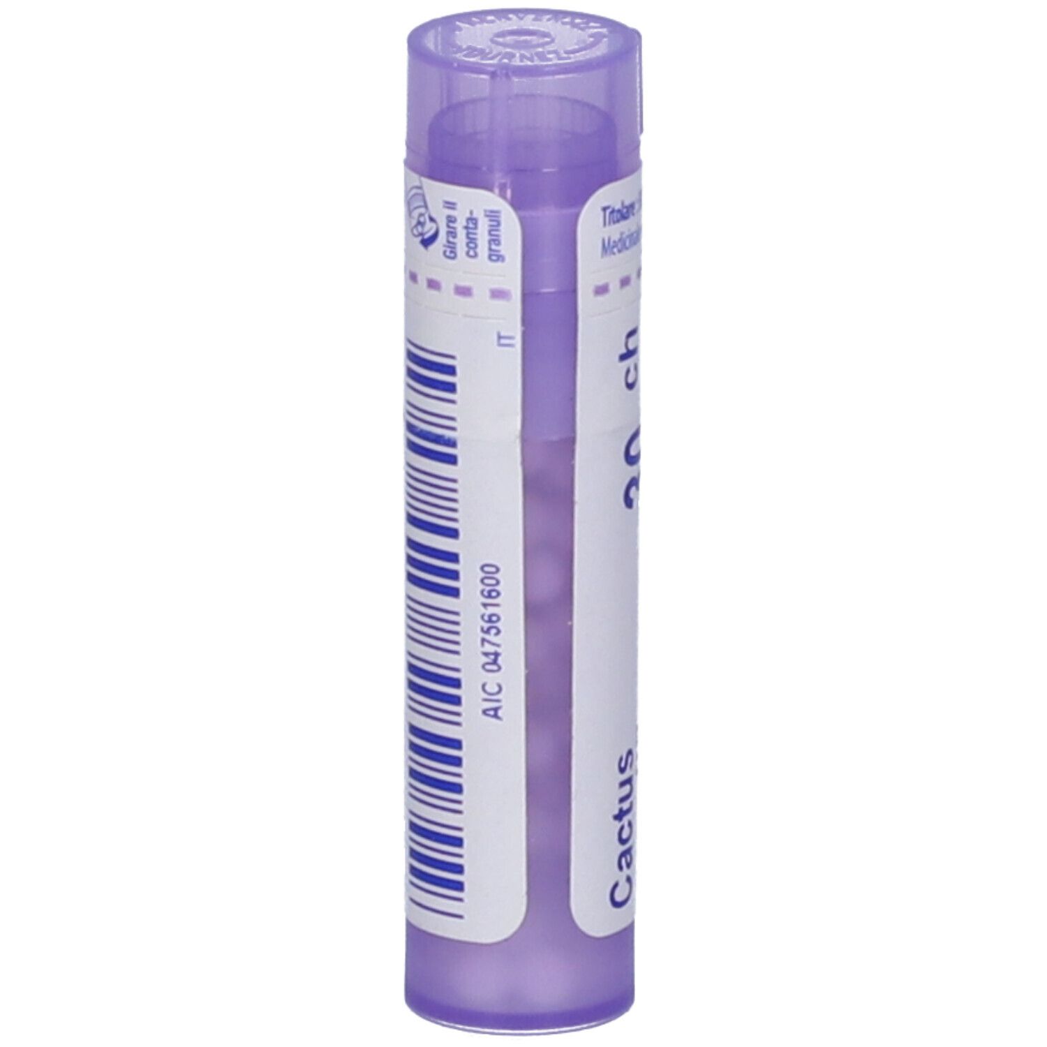 Flacone cilindrico viola con codice a barre e testo. Scritta: Cactus grandiflor, 30 ch. Con apertura dosatrice.
