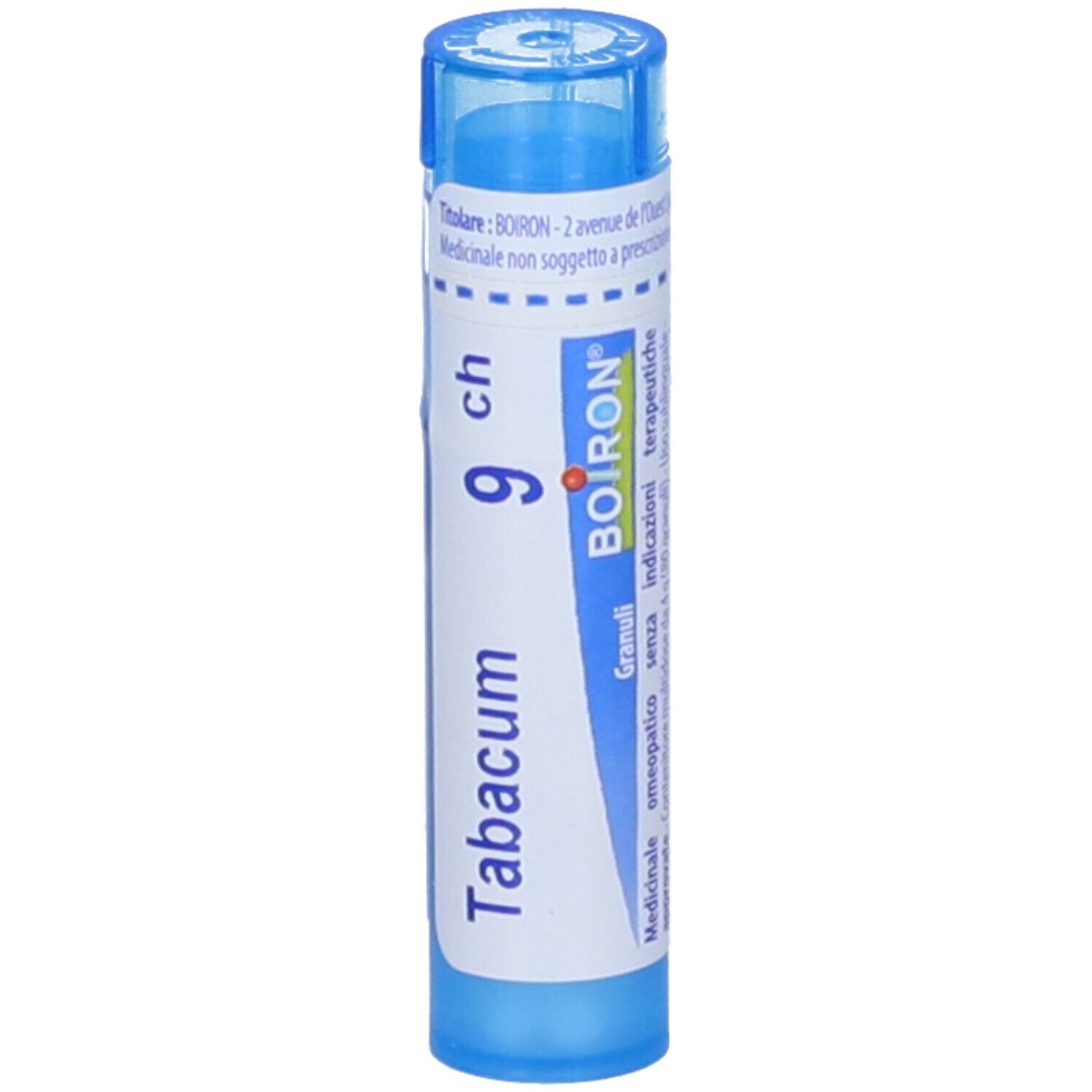 Tubo blu con scritte bianche. Designazione: Tabacum 9 ch, Boiron. Granuli. Vista verticale.