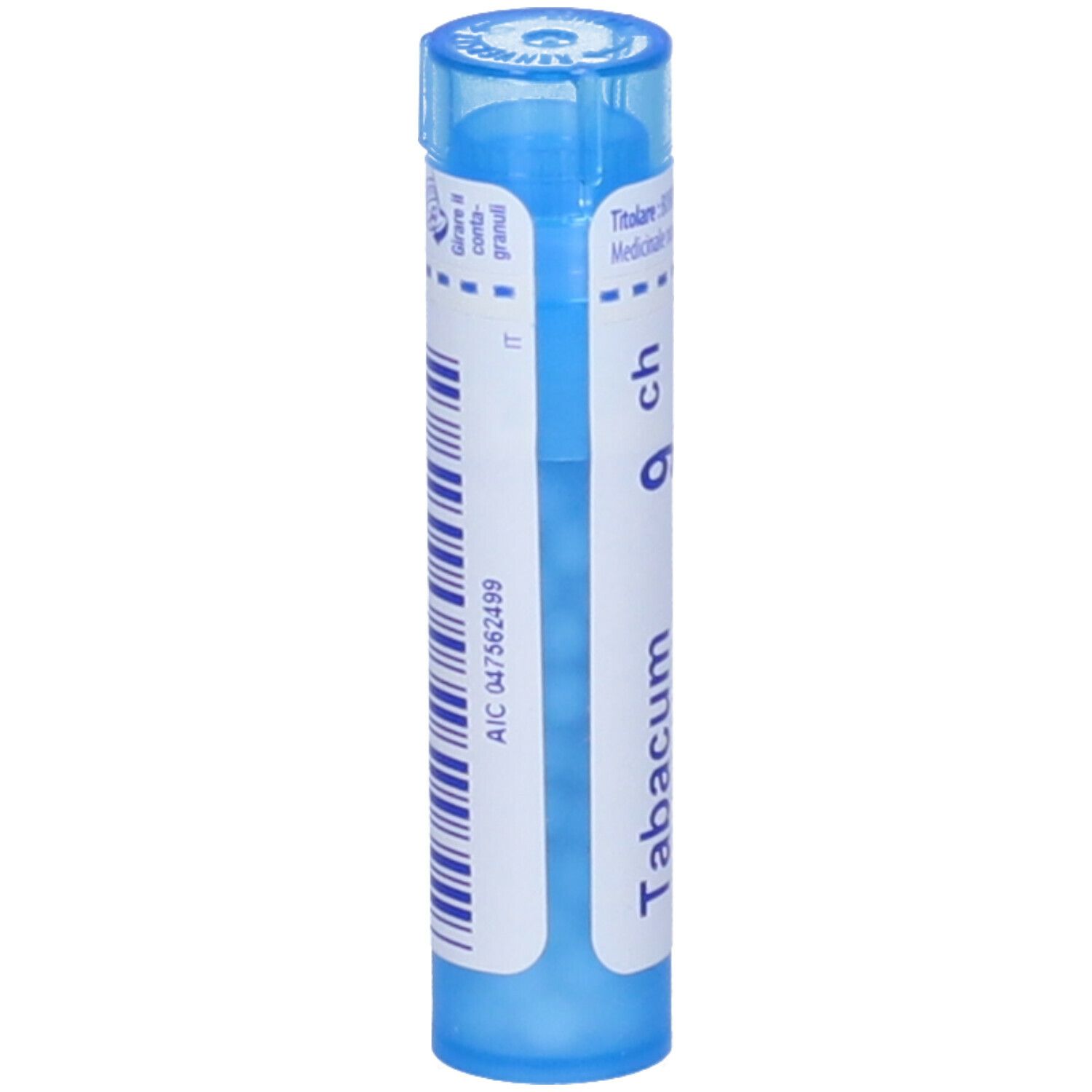 Tubo blu con scritte bianche. Designazione: Tabacum 9 ch, Boiron. Granuli. Vista verticale.