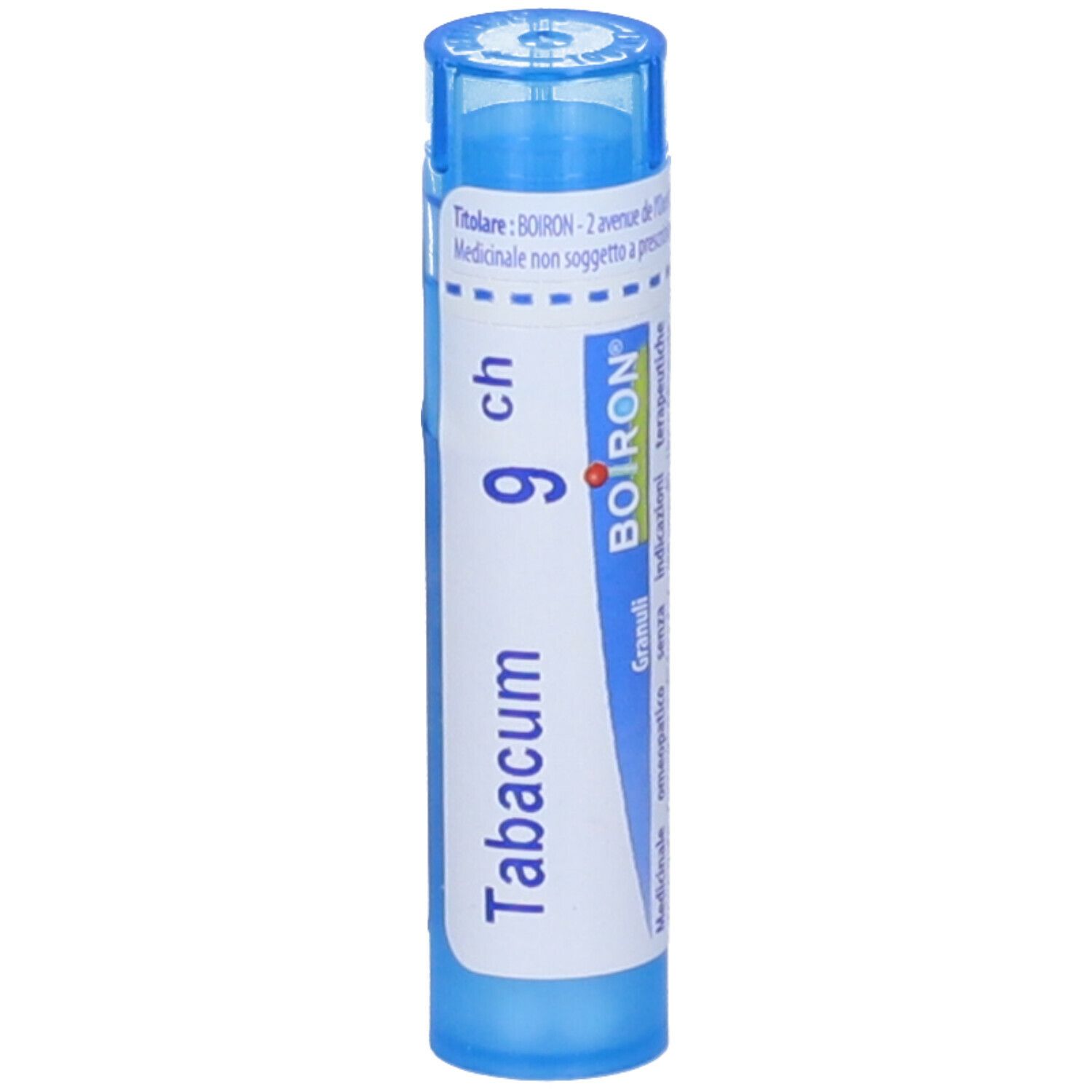 Tubo blu con scritte bianche. Designazione: Tabacum 9 ch. Con data di scadenza.