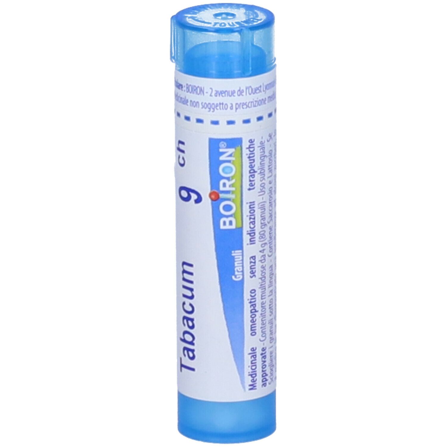Tubo blu con scritte bianche. Designazione: Tabacum 9 ch, Boiron. Granuli. Vista verticale.
