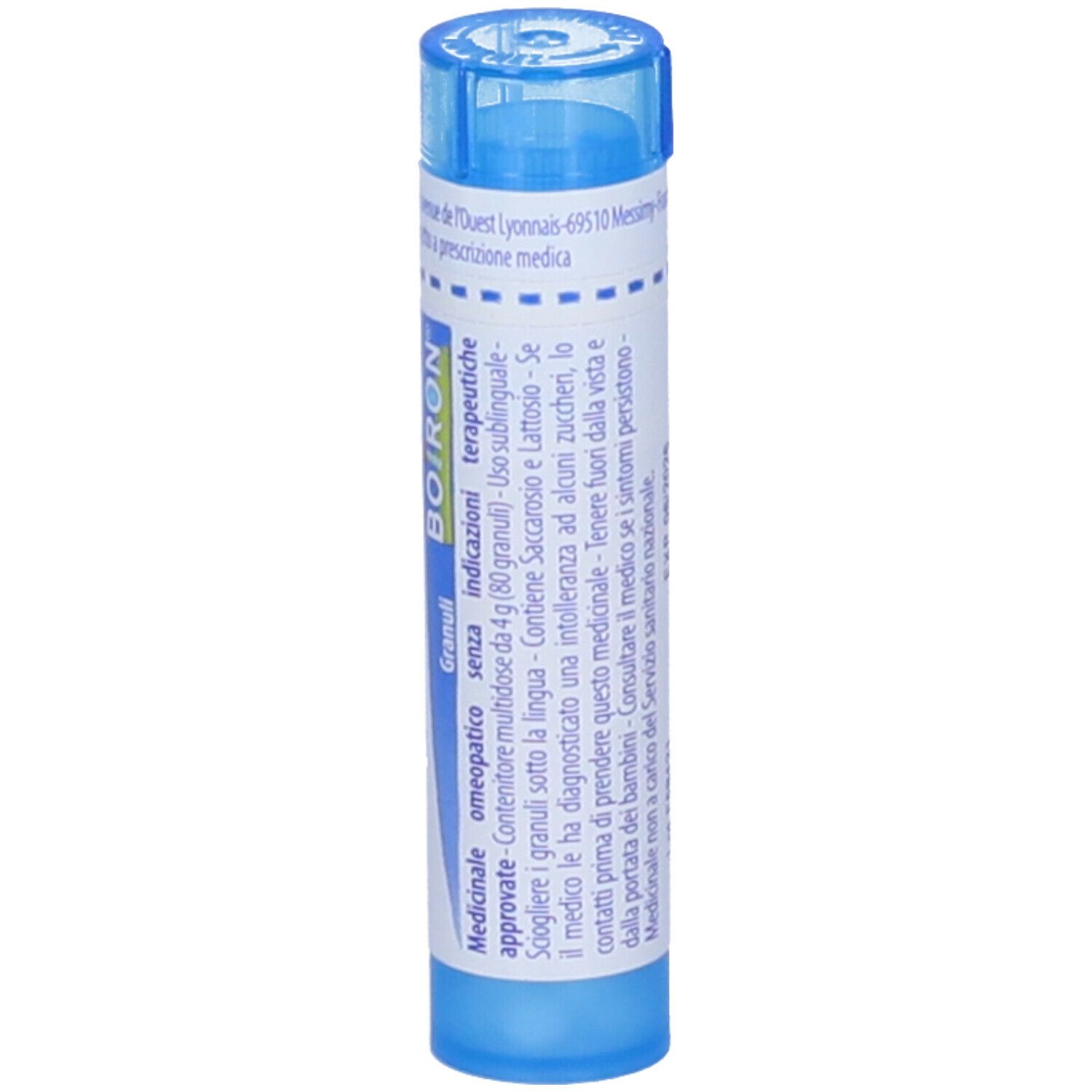 Tubo blu con scritte bianche. Designazione: Tabacum 9 ch, Boiron. Granuli. Vista verticale.