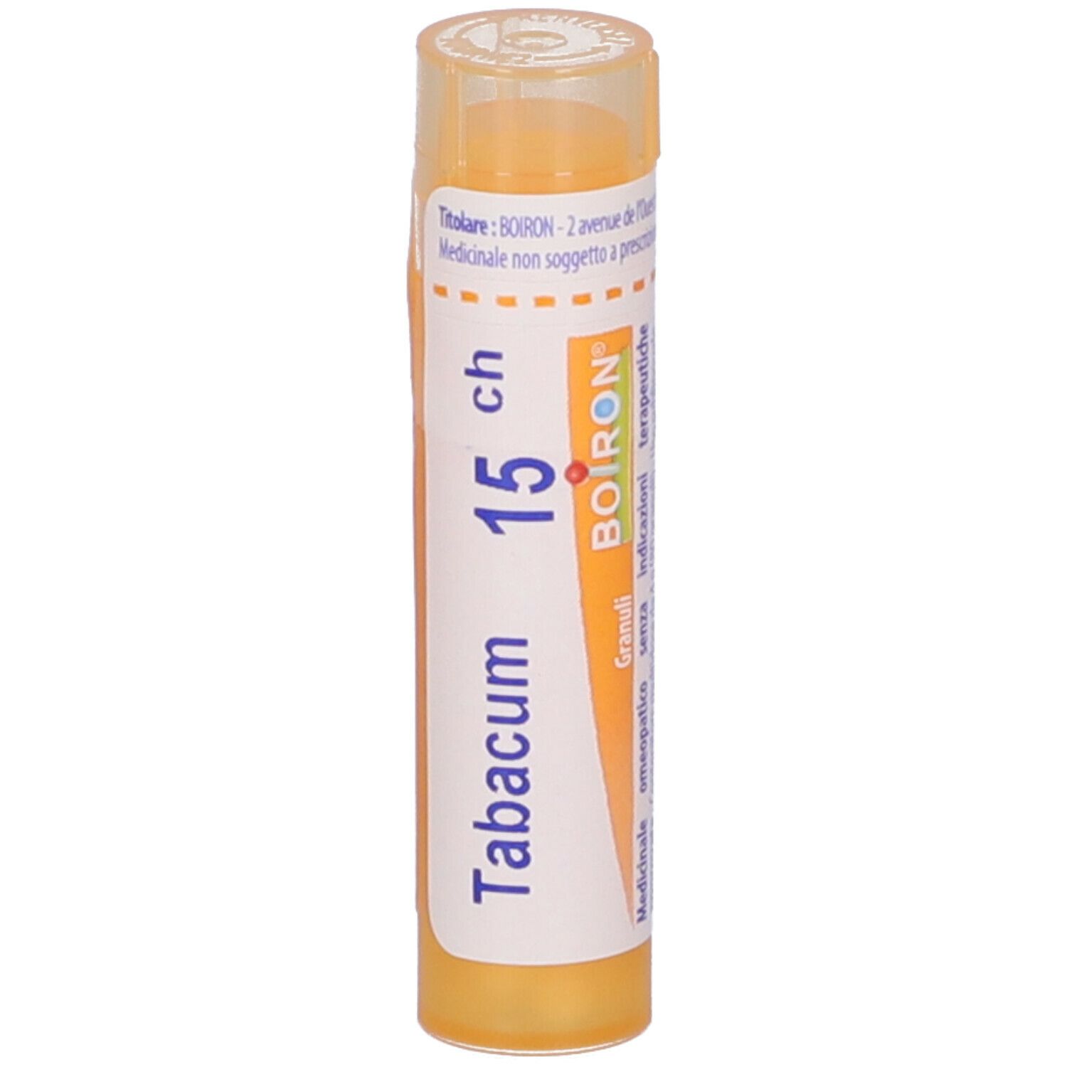 Confezione cilindrica con Tabacum 15 ch, logo Boiron e Granuli. Etichetta arancione con testo.