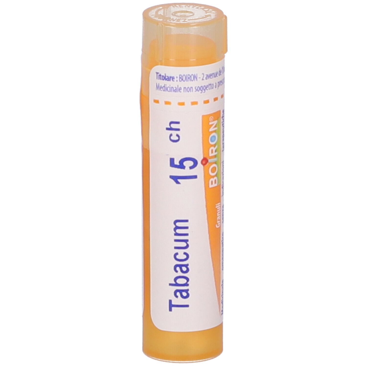 Confezione cilindrica con Tabacum 15 ch, logo Boiron e Granuli. Etichetta arancione con testo.