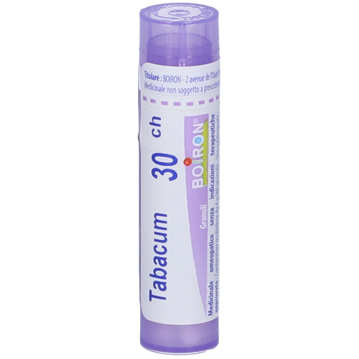Tubetto di granuli Tabacum 30 ch Boiron. Tubo di plastica viola. Scritta: Tabacum, 30 ch, Boiron. Vista verticale.