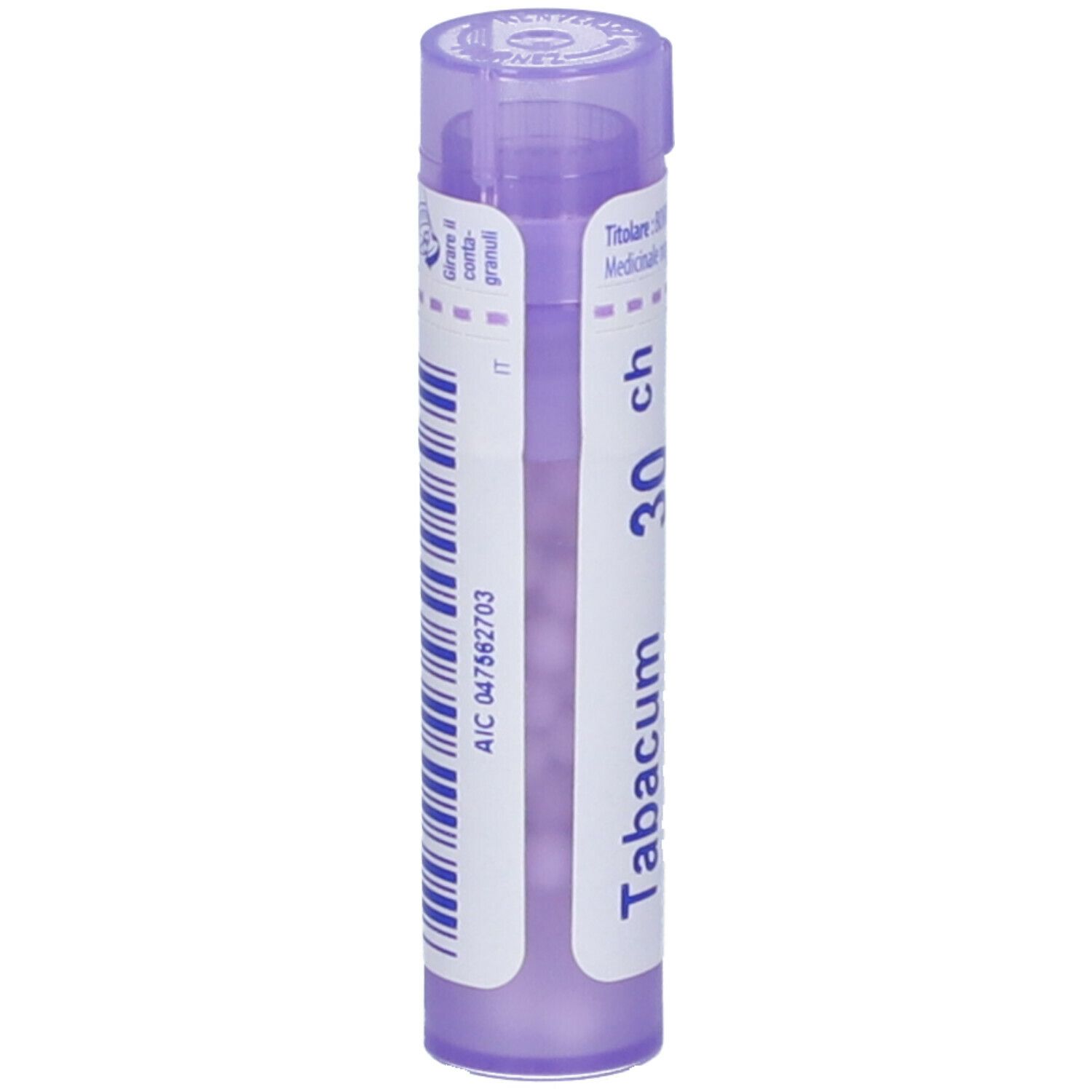 Tubetto di granuli Tabacum 30 ch Boiron. Tubo di plastica viola con codice a barre ed etichetta. Scritta: Tabacum, 30 ch.