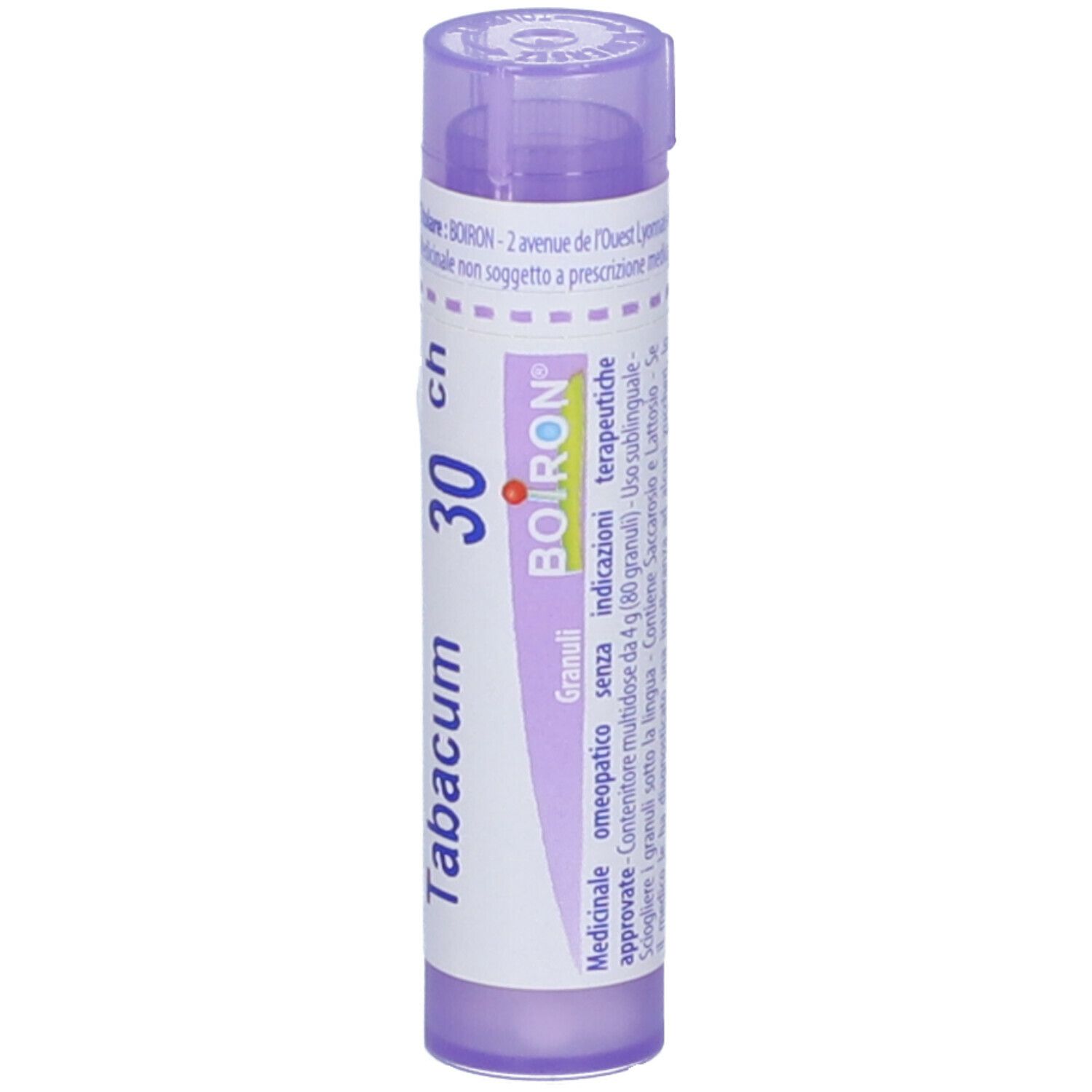 Tubetto di granuli Tabacum 30 ch Boiron. Tubo di plastica viola con etichetta. Scritta: Tabacum, 30 ch, Boiron, Granuli.