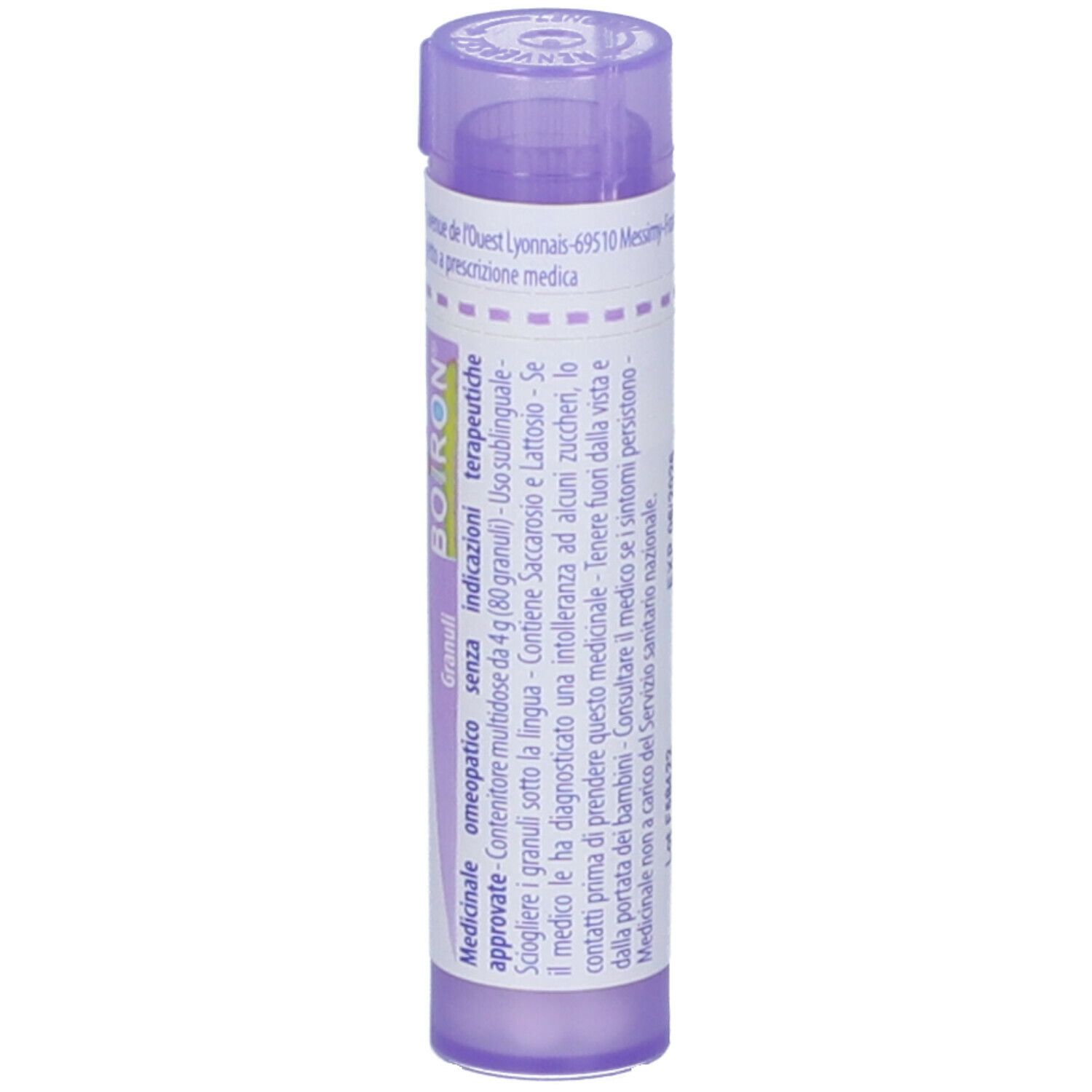 Tubetto di granuli Tabacum 30 ch Boiron. Tubo di plastica viola con etichetta. Scritta: Boiron, Granuli, omeop.