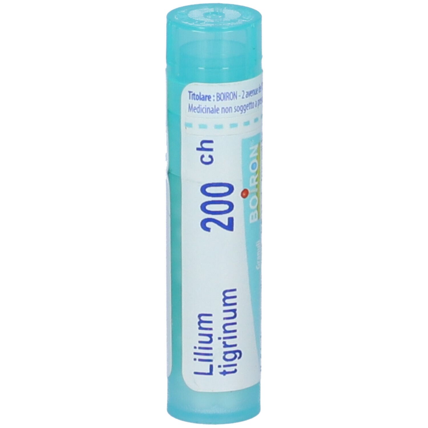 Confezione cilindrica blu. Scritta: Lilium tigrinum, 200 ch, BOIRON. Stampa: Informazioni mediche.