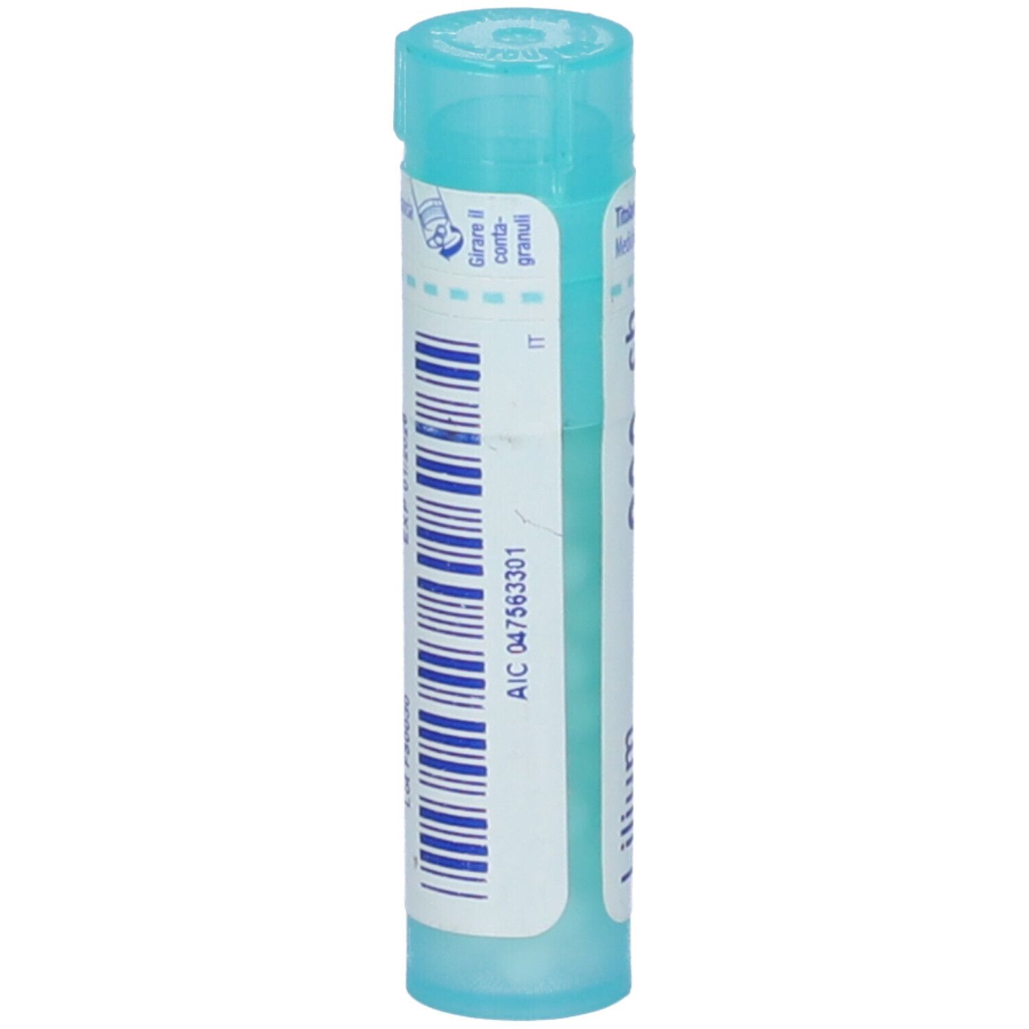 Confezione cilindrica blu. Stampa: Codice AIC, codice a barre. Testo: Girare il confa-granuli, IT.