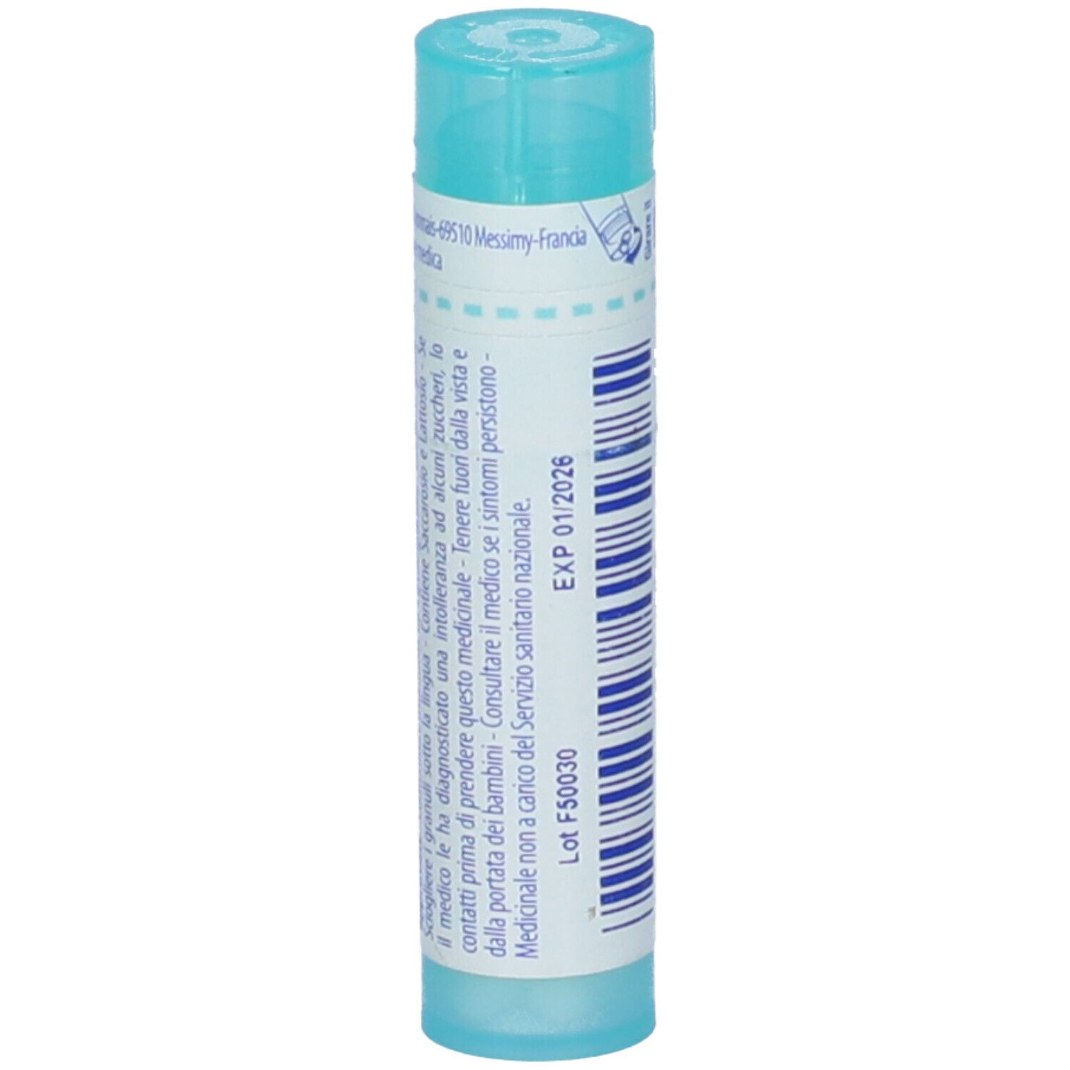 Confezione cilindrica blu. Stampa: EXP 01/2026, Lot F50030. Testo: Informazioni mediche.
