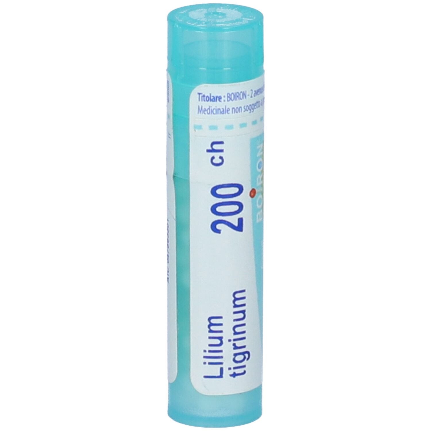 Confezione cilindrica blu. Scritta: Lilium tigrinum, 200 ch, BOIRON. Stampa: Informazioni mediche.