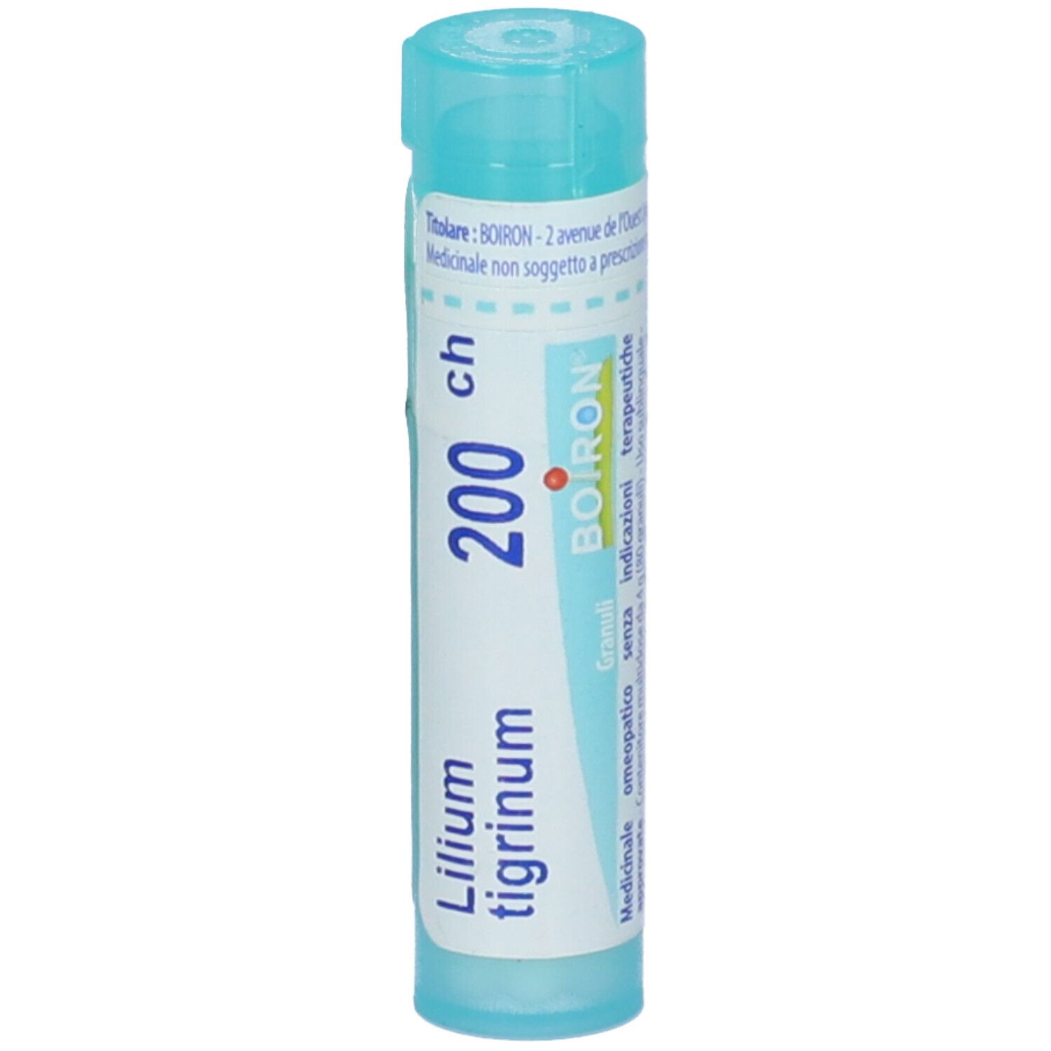 Confezione cilindrica blu. Scritta: Lilium tigrinum, 200 ch, BOIRON. Stampa: Informazioni mediche.
