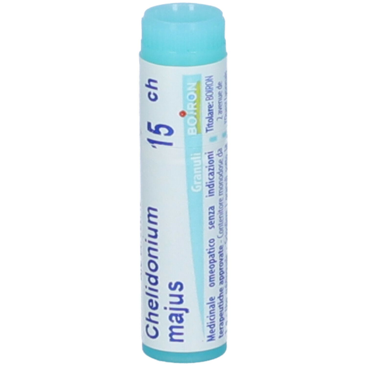Tubo cilindrico azzurro. Scritta: Chelidonium majus, 15 ch, Granuli, Boiron. Aperto in alto.