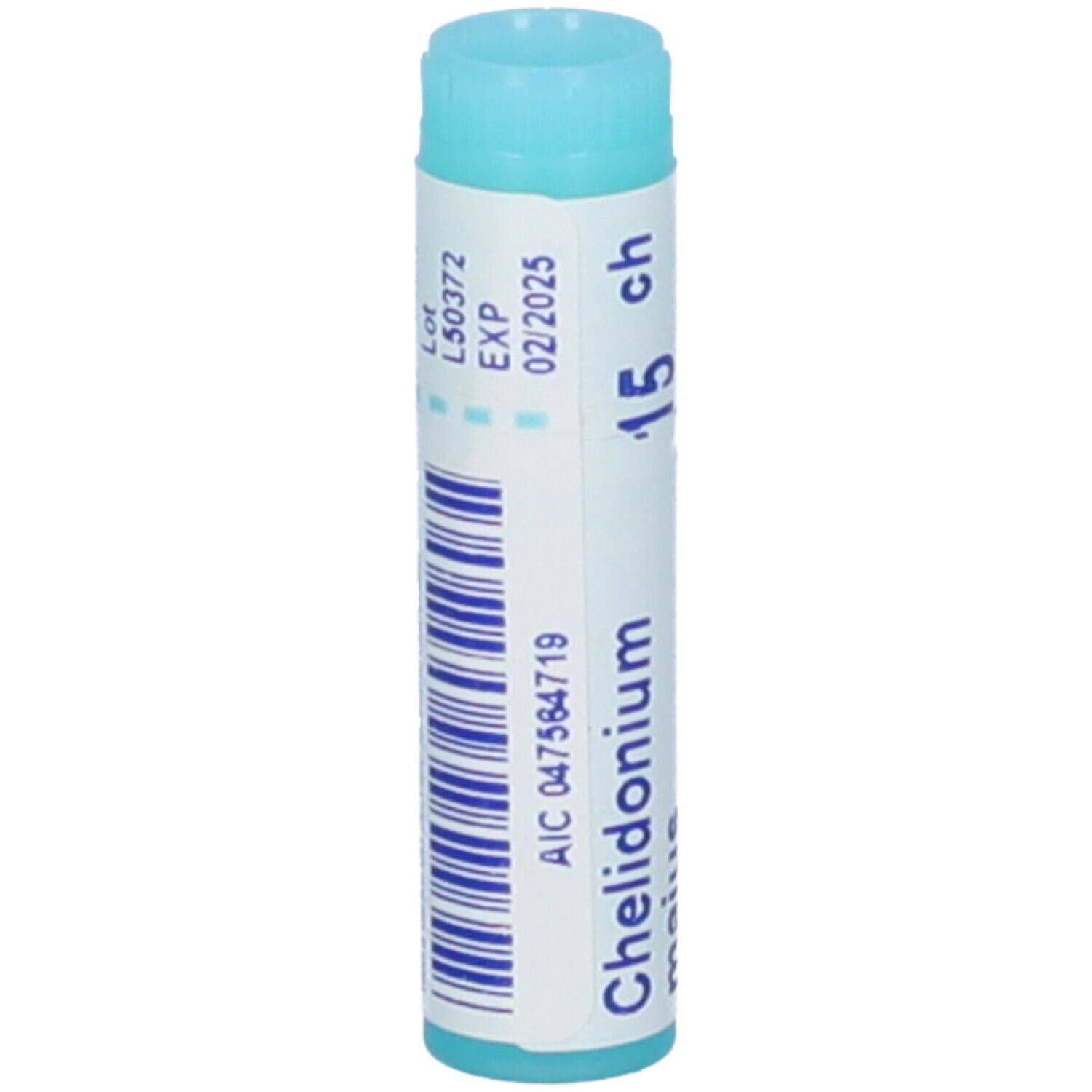 Tubo azzurro con stampa. Scritta: Chelidonium majus, 15 ch. Contiene informazioni come numero di lotto e data di scadenza.