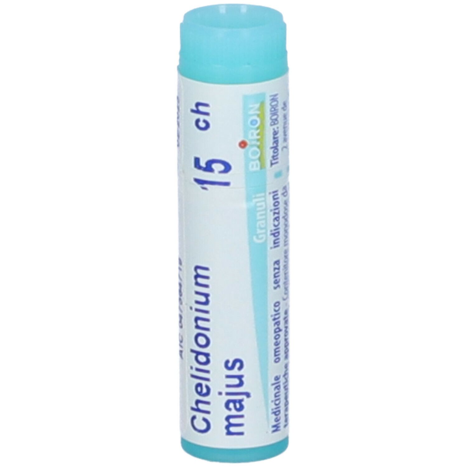 Tubo azzurro. Scritta: Chelidonium majus, 15 ch, Granuli, Boiron. Contiene informazioni mediche.