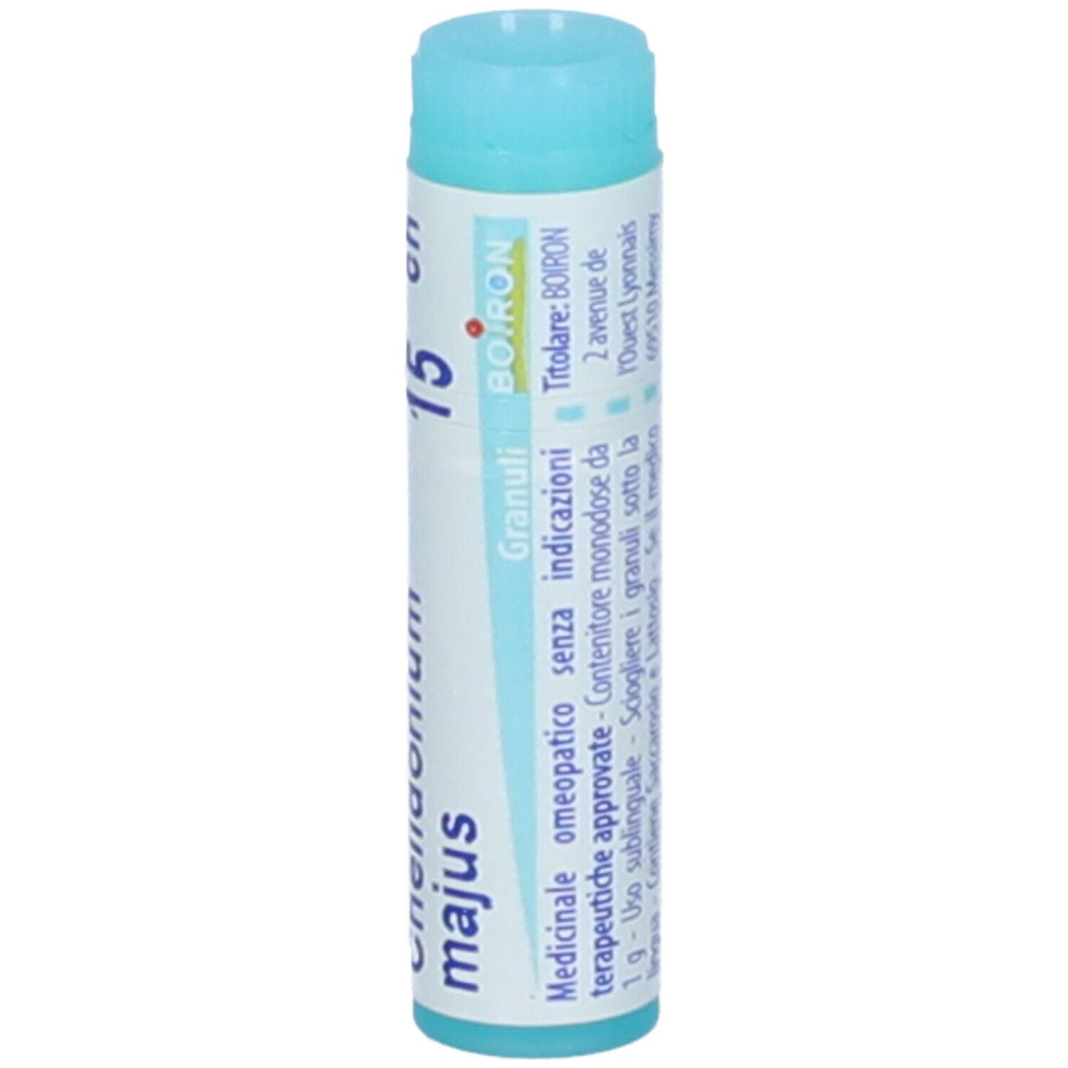 Tubo azzurro. Scritta: Chelidonium majus, 15 ch, Granuli, Boiron. Contiene informazioni mediche.