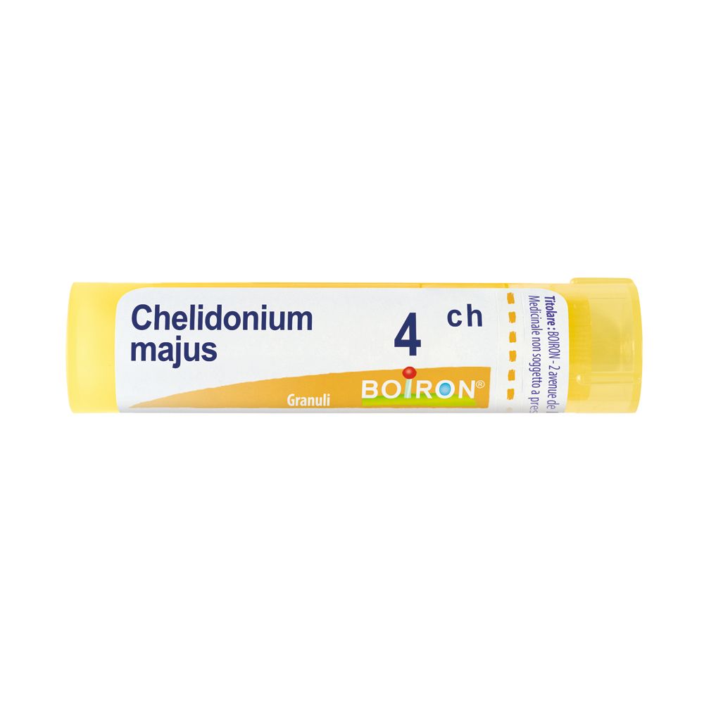 Tubo giallo con 'Chelidonium majus 4 ch' e 'BOIRON'. Indicazione 'Granuli'.