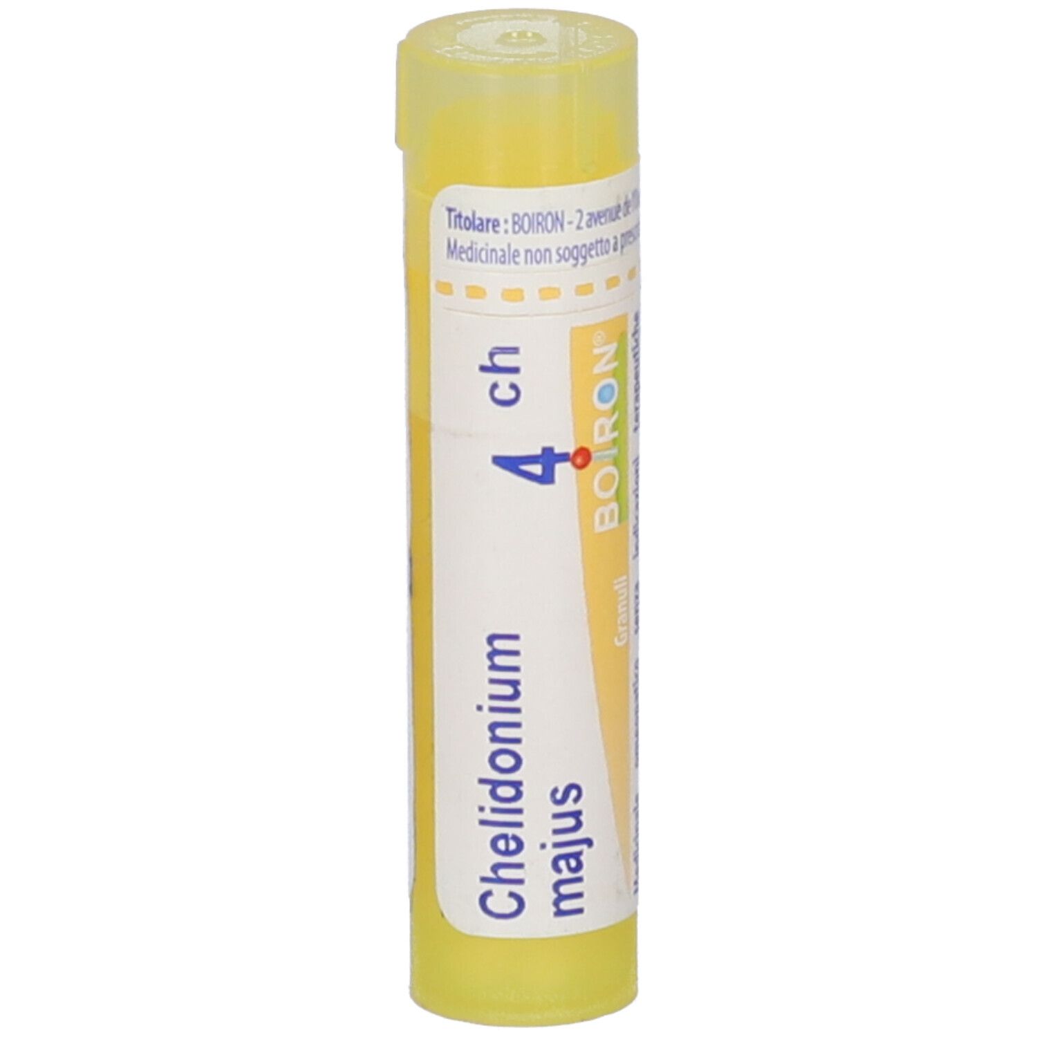 Tubo giallo verticale. Scritta 'Chelidonium majus 4 ch' e 'BOIRON'.