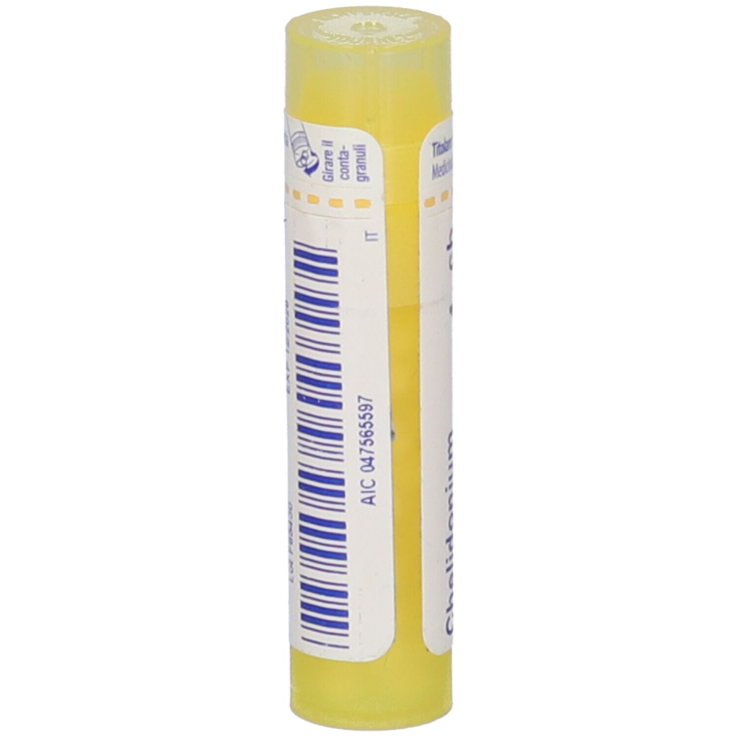 Tubo giallo con scritte blu. Codici stampati e 'IT'.