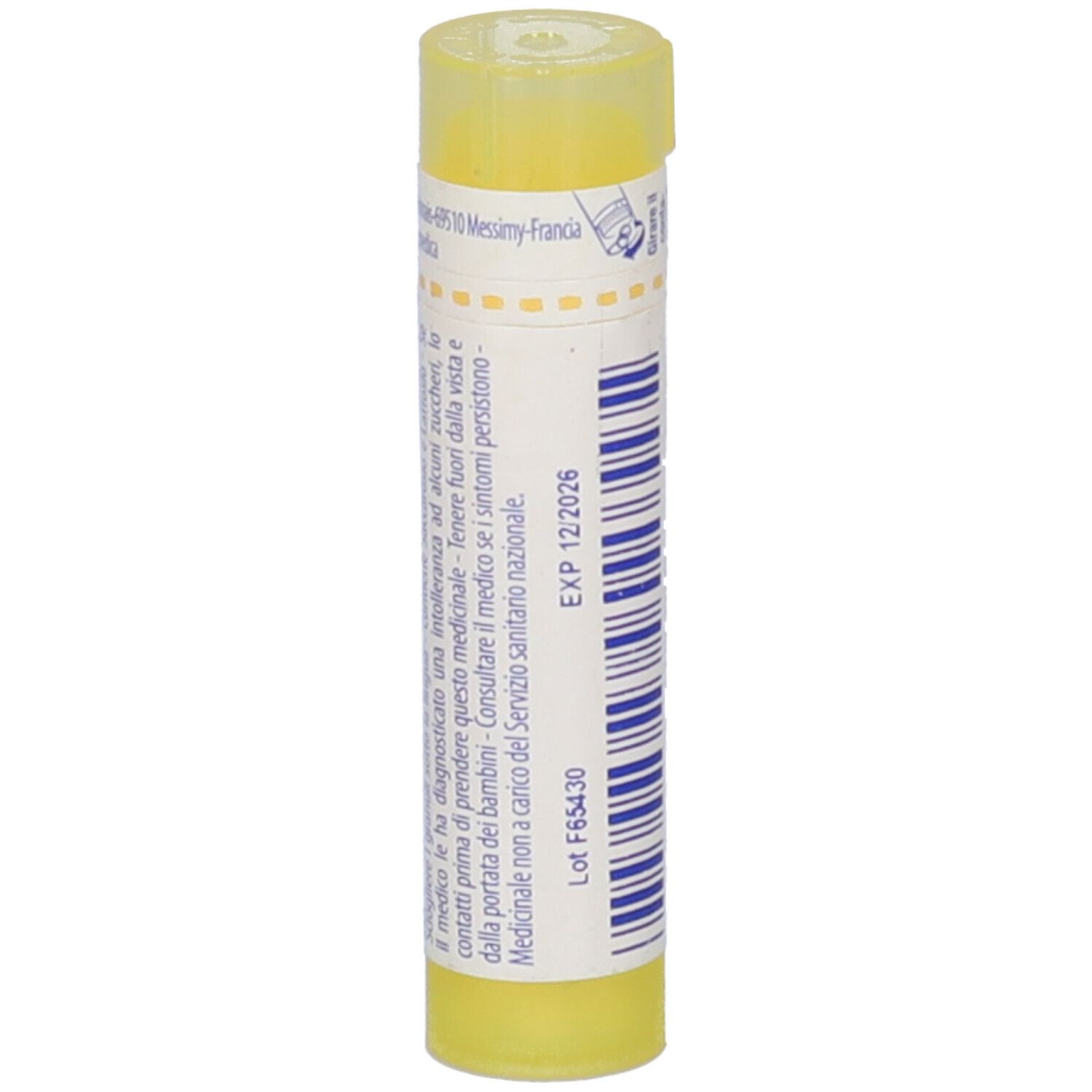 Tubo giallo con scritte blu. Stampa 'EXP 12/2026' e numero di lotto.