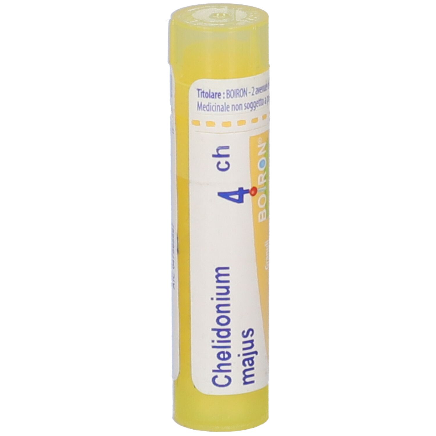 Tubo giallo con 'Chelidonium majus 4 ch' e 'BOIRON'.