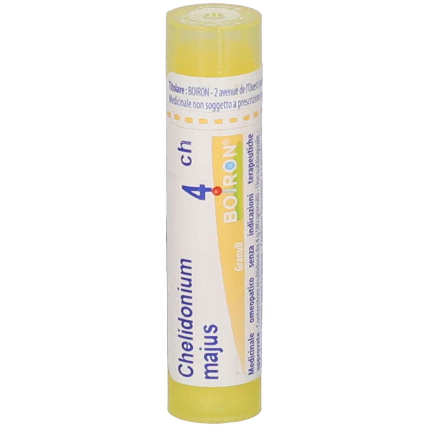 Tubo giallo con 'Chelidonium majus 4 ch' e 'BOIRON'.
