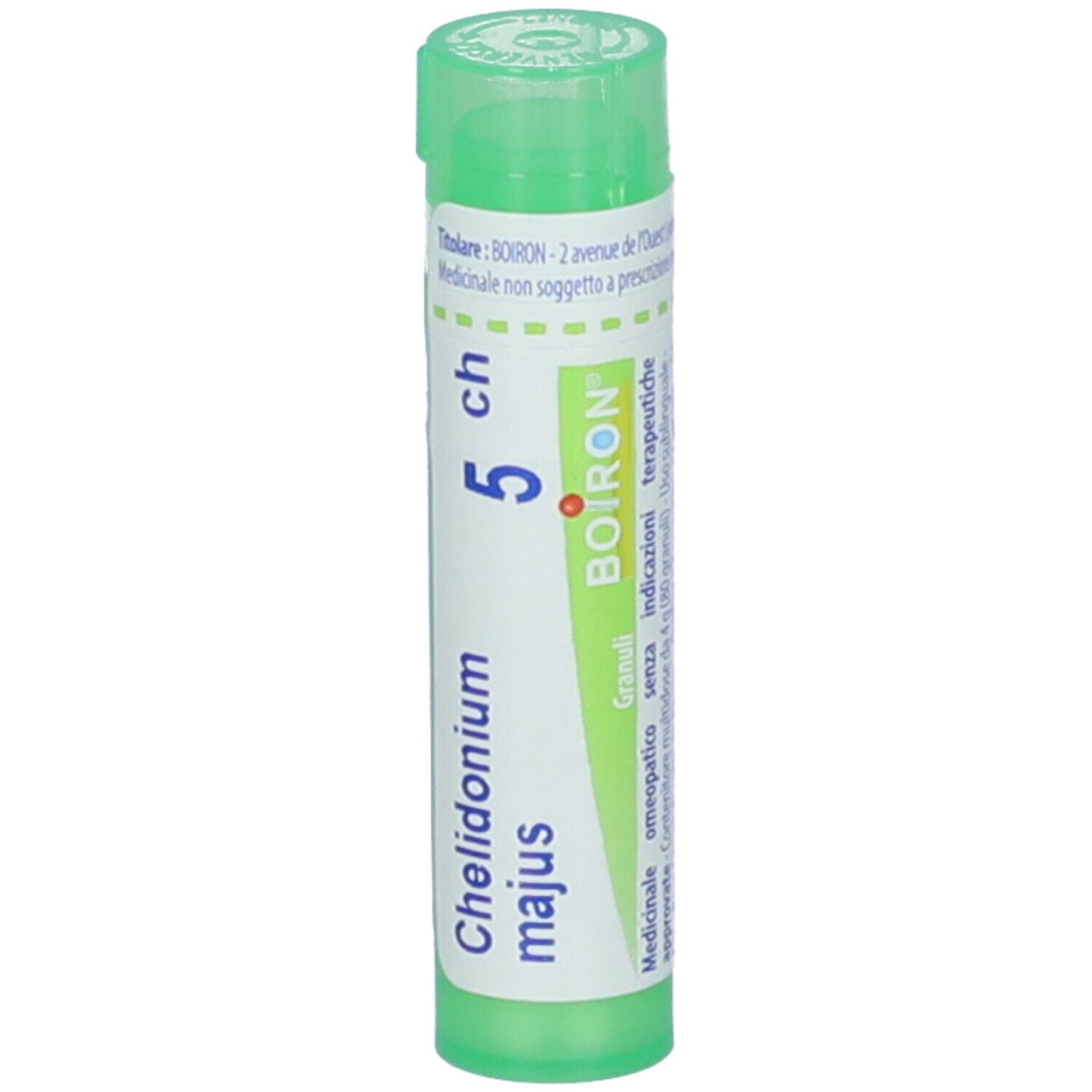 Contenitore cilindrico verde. Scritta: Chelidonium majus, 5 ch, BOIRON, Granuli. Tappo verde.