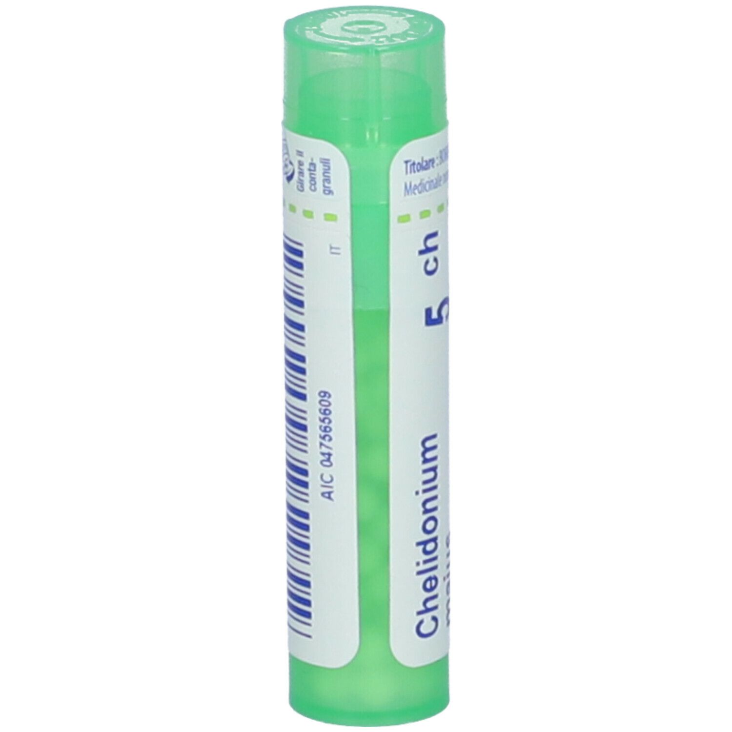 Contenitore cilindrico verde. Scritta: Chelidonium, 5 ch. Codice a barre e informazioni su etichetta bianca.
