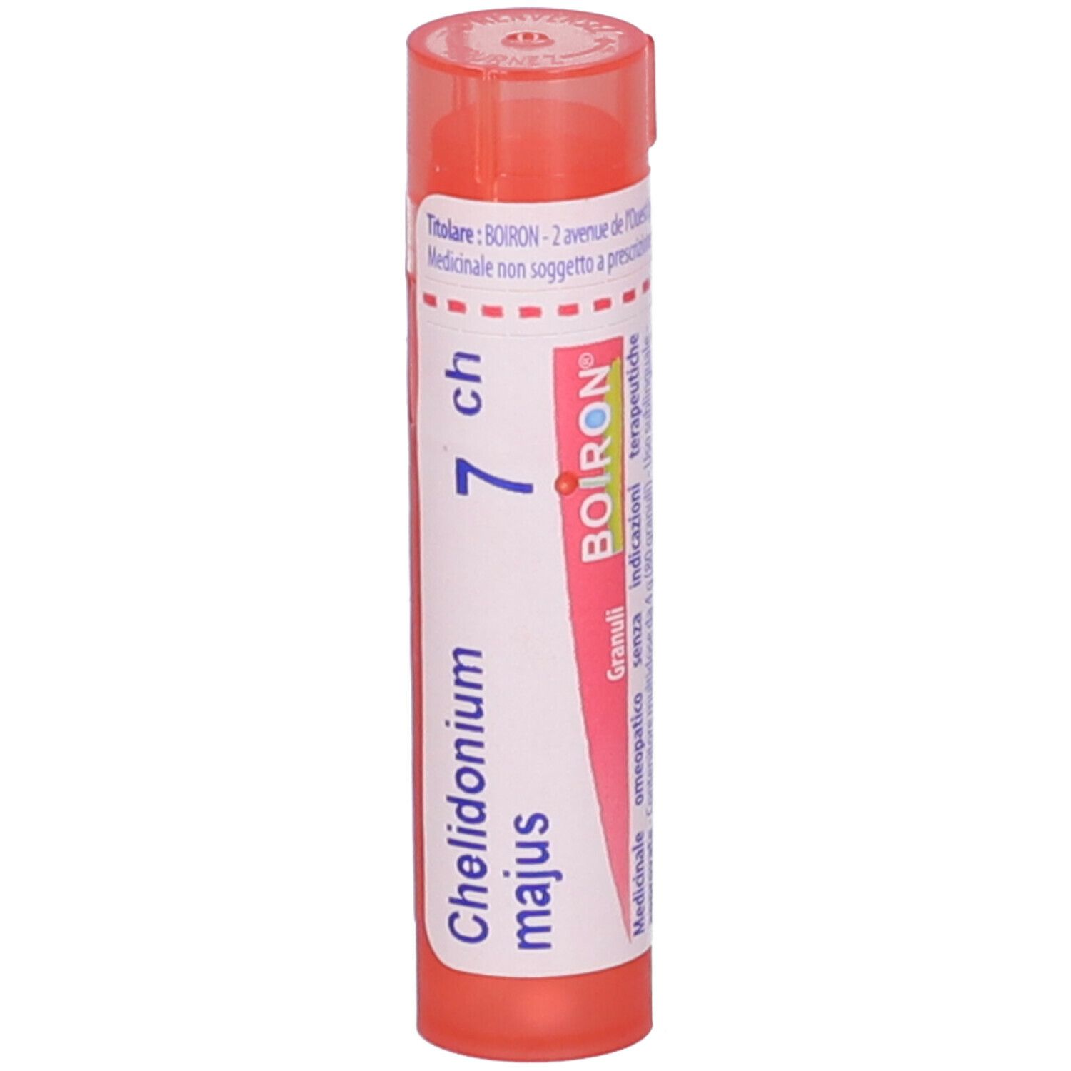 Confezione cilindrica arancione con etichetta bianca. Scritta: Chelidonium majus 7 ch, Boiron.