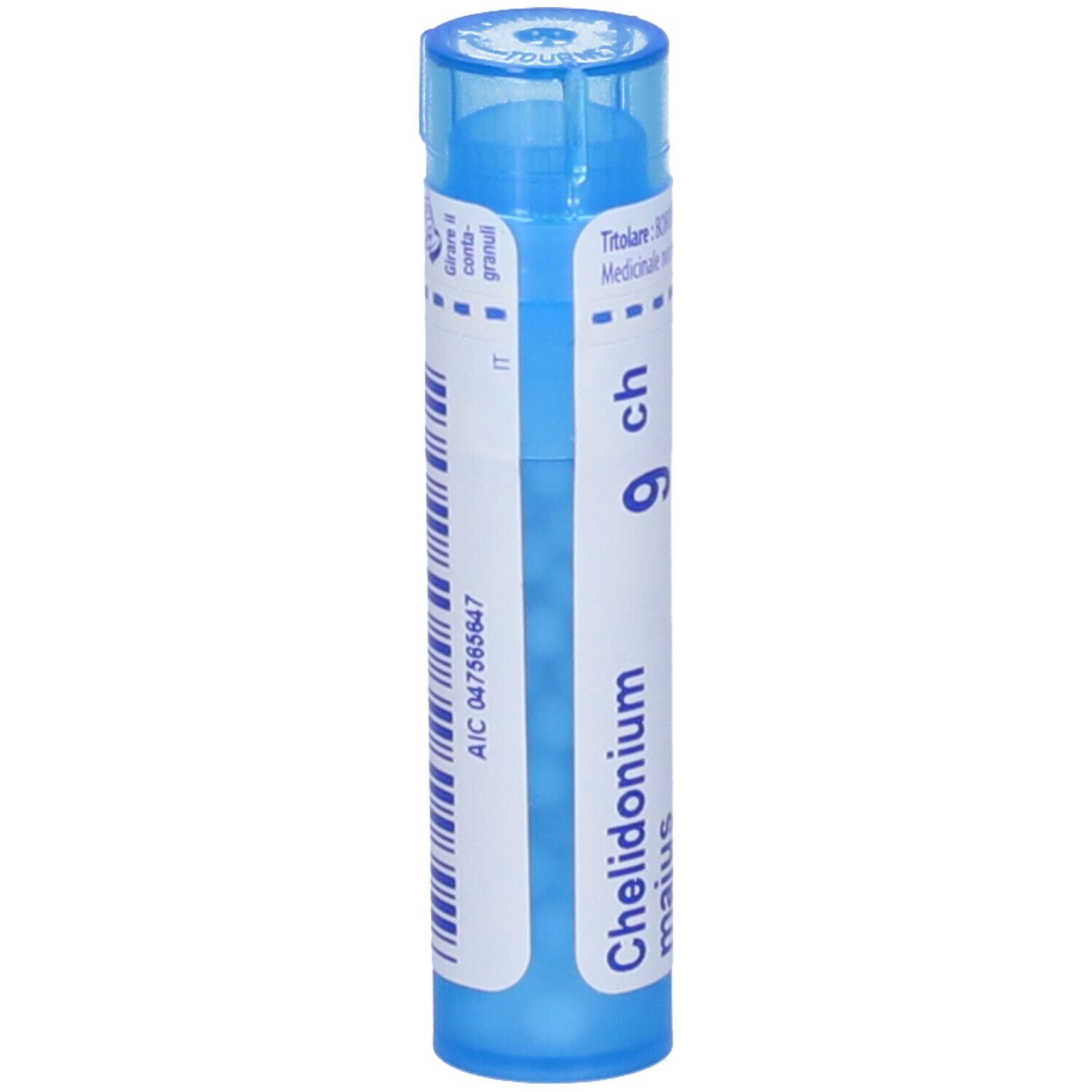 Tubo blu con etichetta bianca. Nome prodotto 'Chelidonium majus' e '9 ch'. Codice a barre e codice AIC.