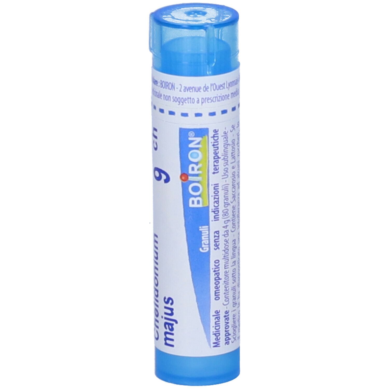 Tubo blu con etichetta bianca. Nome prodotto 'Chelidonium majus' e '9 ch'. Informazioni sull'uso.