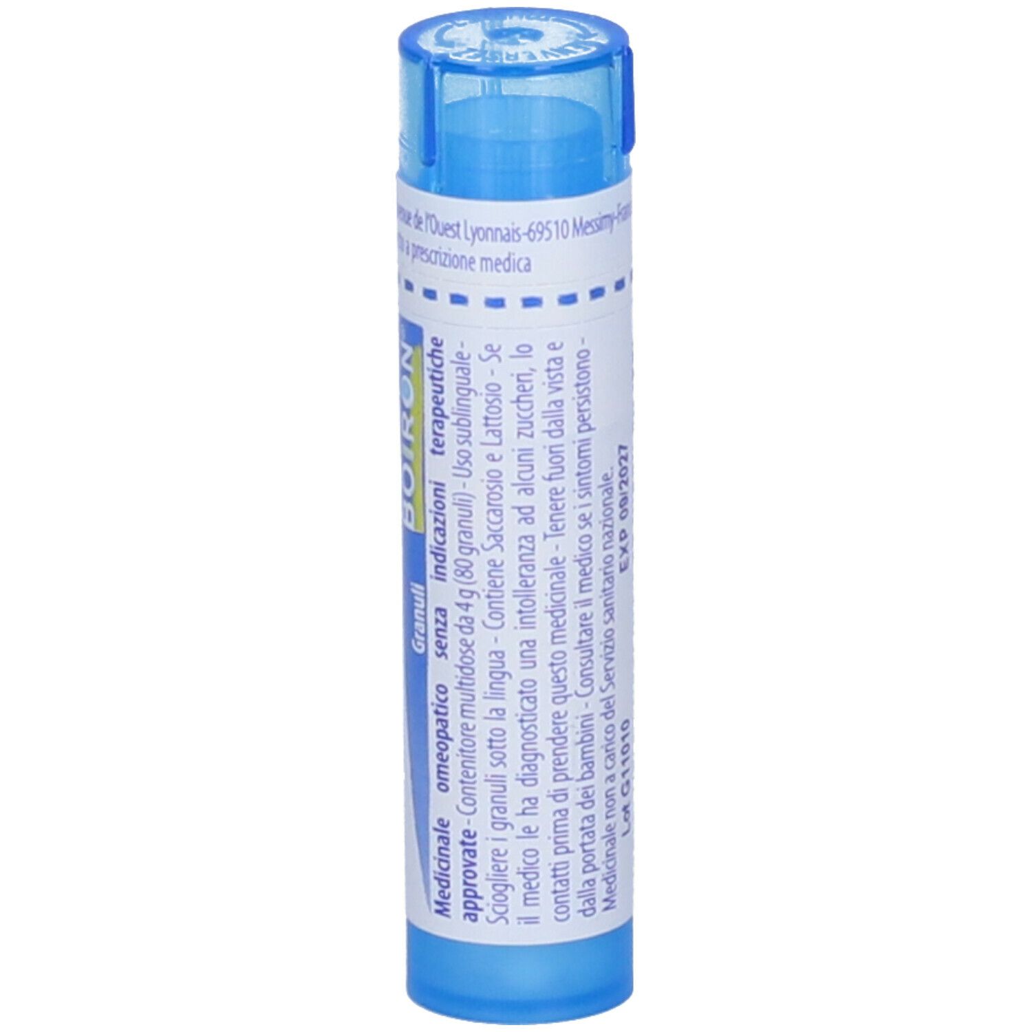 Tubo blu con etichetta bianca. Nome prodotto 'Chelidonium majus' e '9 ch'. Informazioni sull'uso.