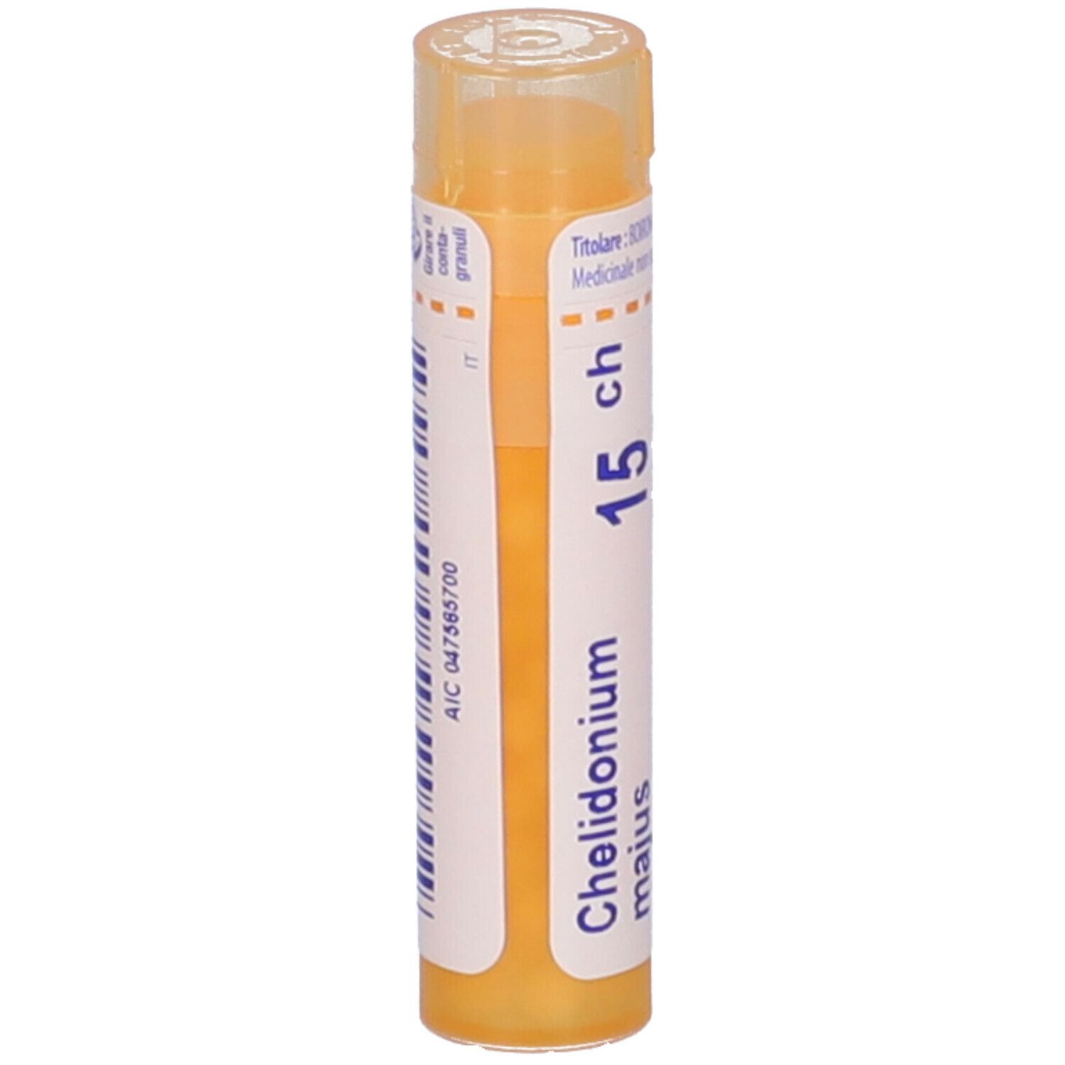Confezione cilindrica con "Chelidonium majus 15 ch" e logo Boiron. Tappo e testo gialli.