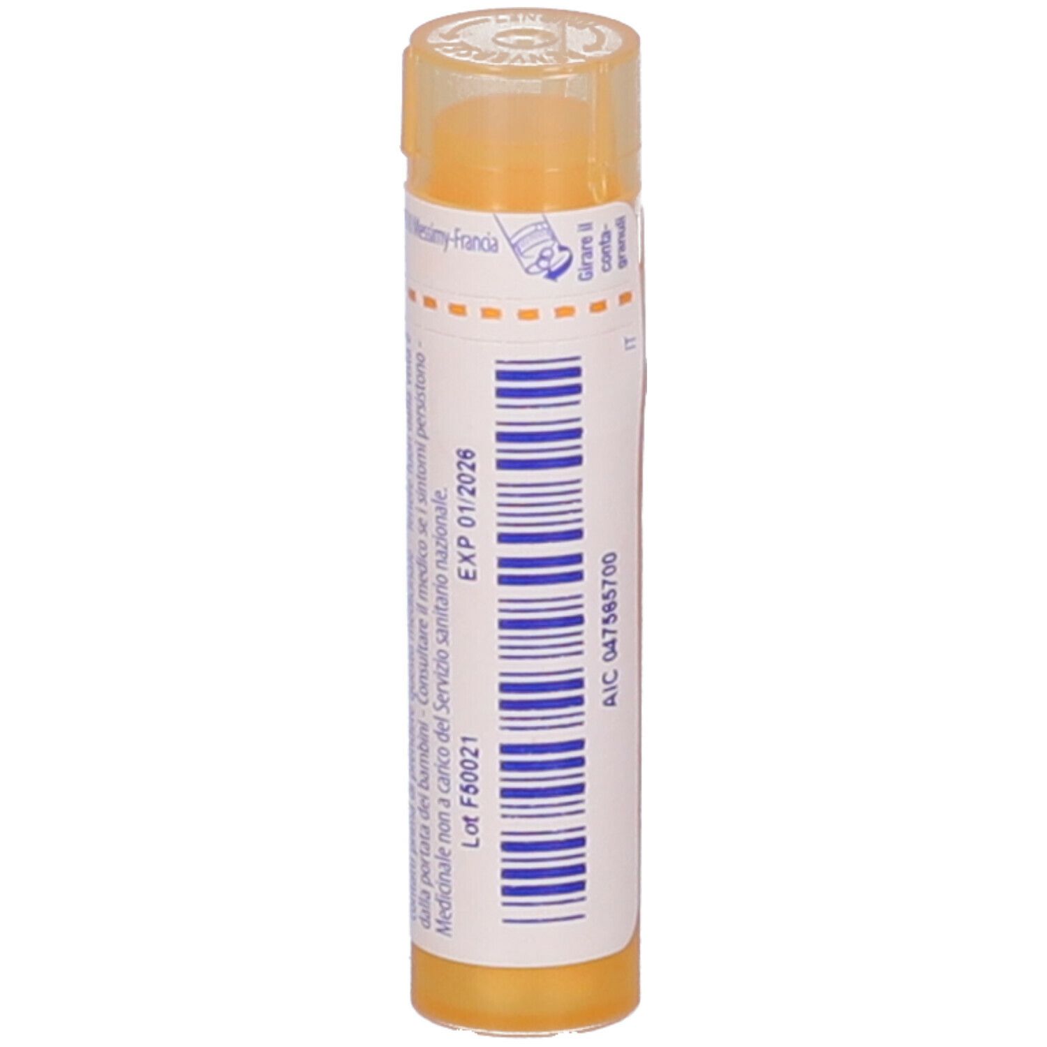 Confezione cilindrica con "Chelidonium majus 15 ch". Tappo giallo. Stampa con data di scadenza.