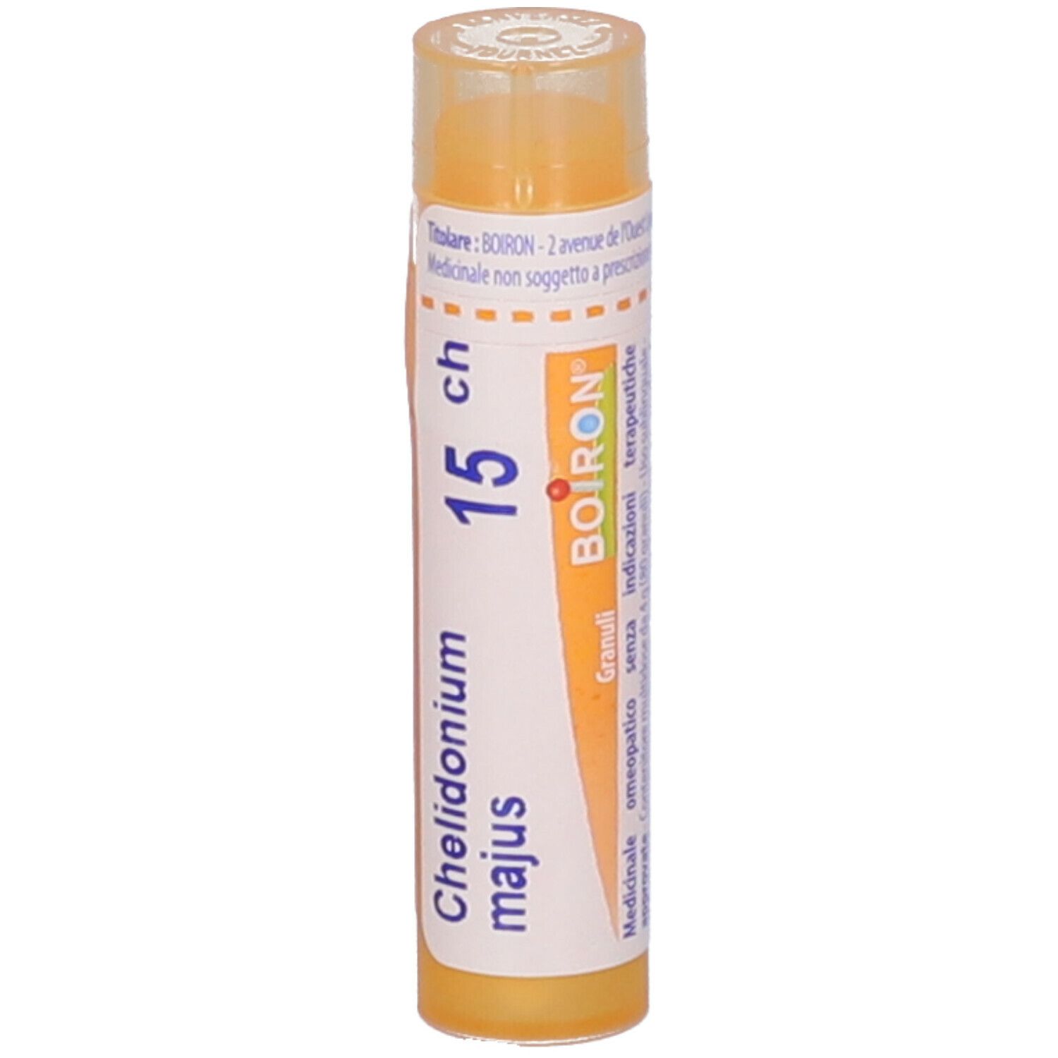 Confezione cilindrica con "Chelidonium majus 15 ch" e logo Boiron. Tappo e testo gialli.