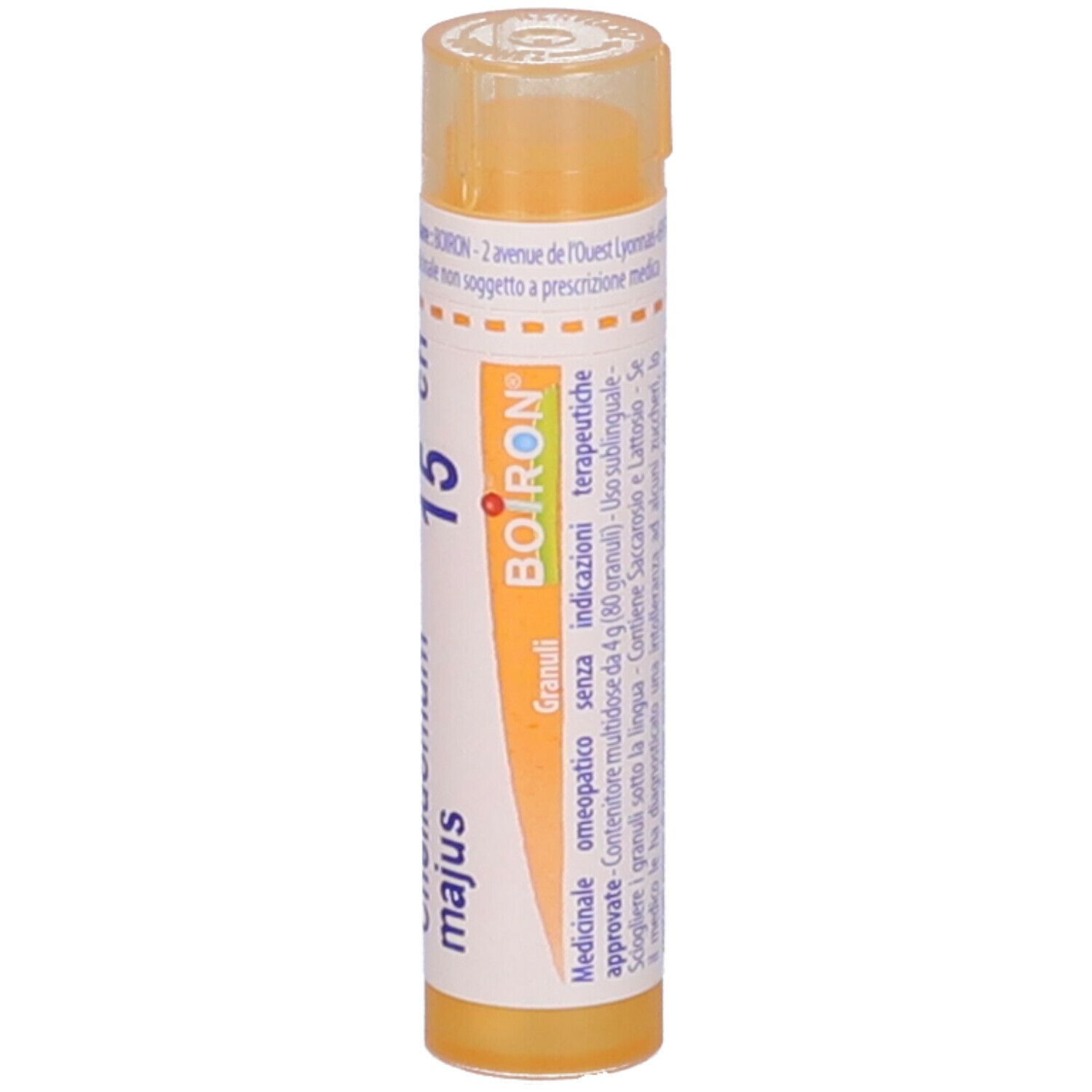 Confezione cilindrica con "Chelidonium majus 15 ch" e logo Boiron. Tappo e testo gialli.
