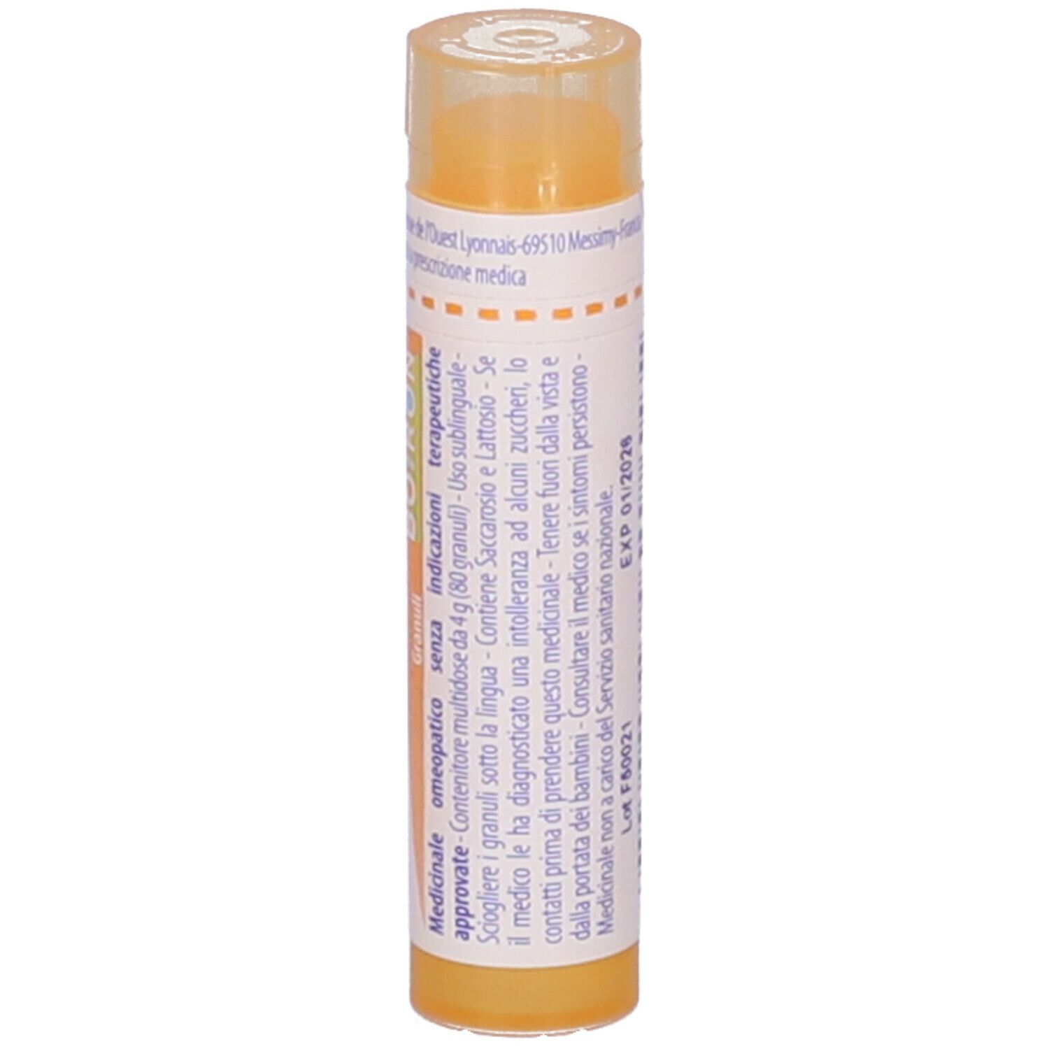 Confezione cilindrica con "Chelidonium majus 15 ch" e logo Boiron. Tappo e testo gialli.
