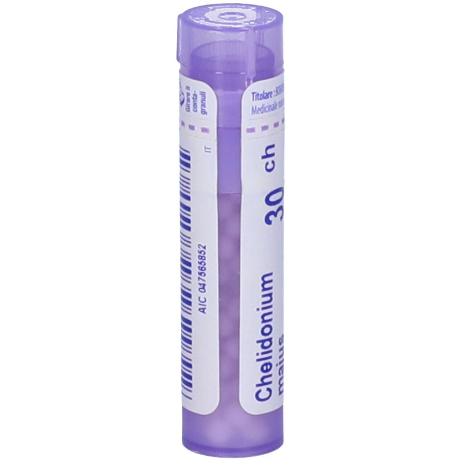 Confezione cilindrica viola con 'Chelidonium majus 30 ch' e codice a barre.